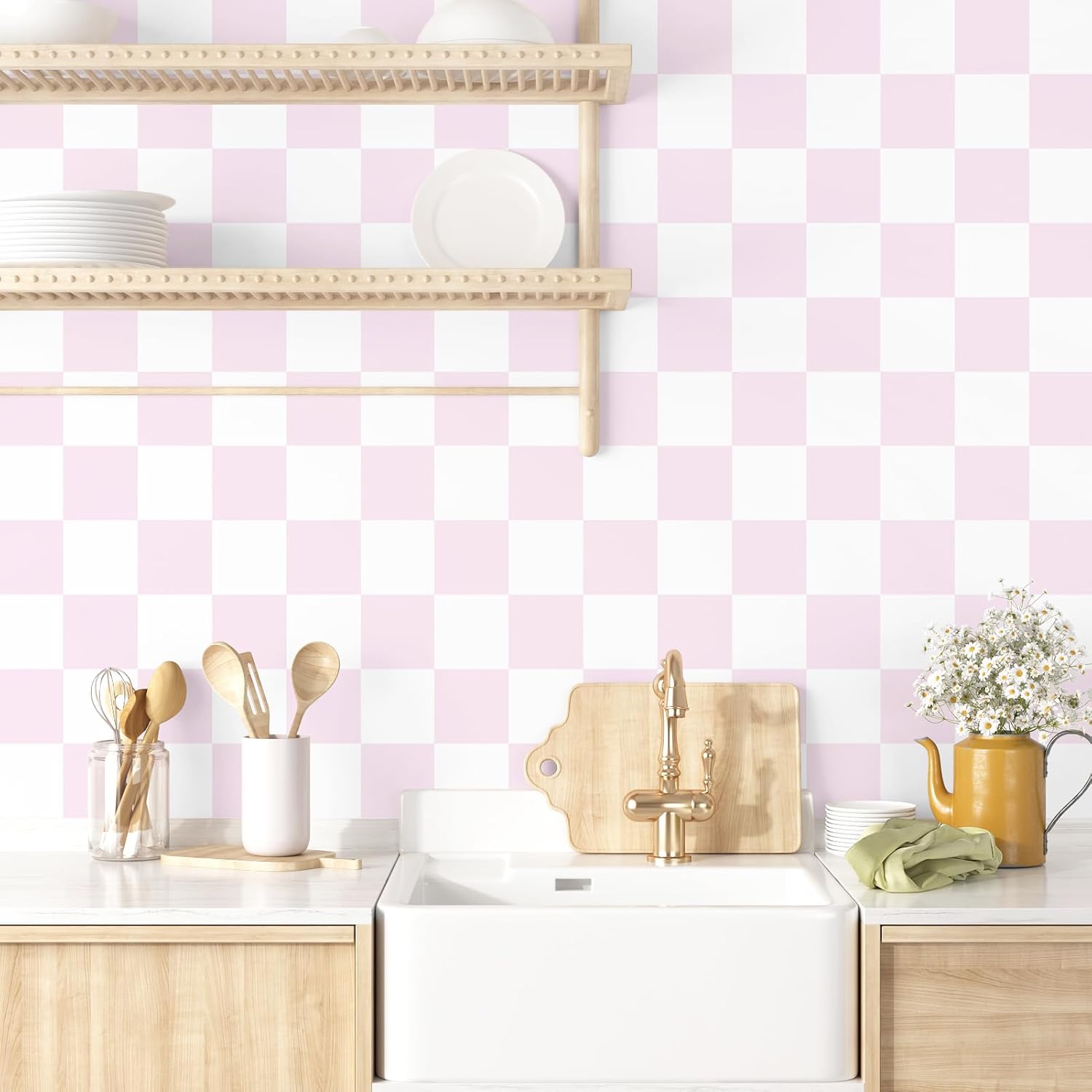 Pink Peel and Stick Checkered Wallpaper Self Adhesive Pink Checkered Contact Paper for Bedroom Walls Decor Removable Mosaic Contact Paper for Countertops Cabinets Shelf 17.5"x315"