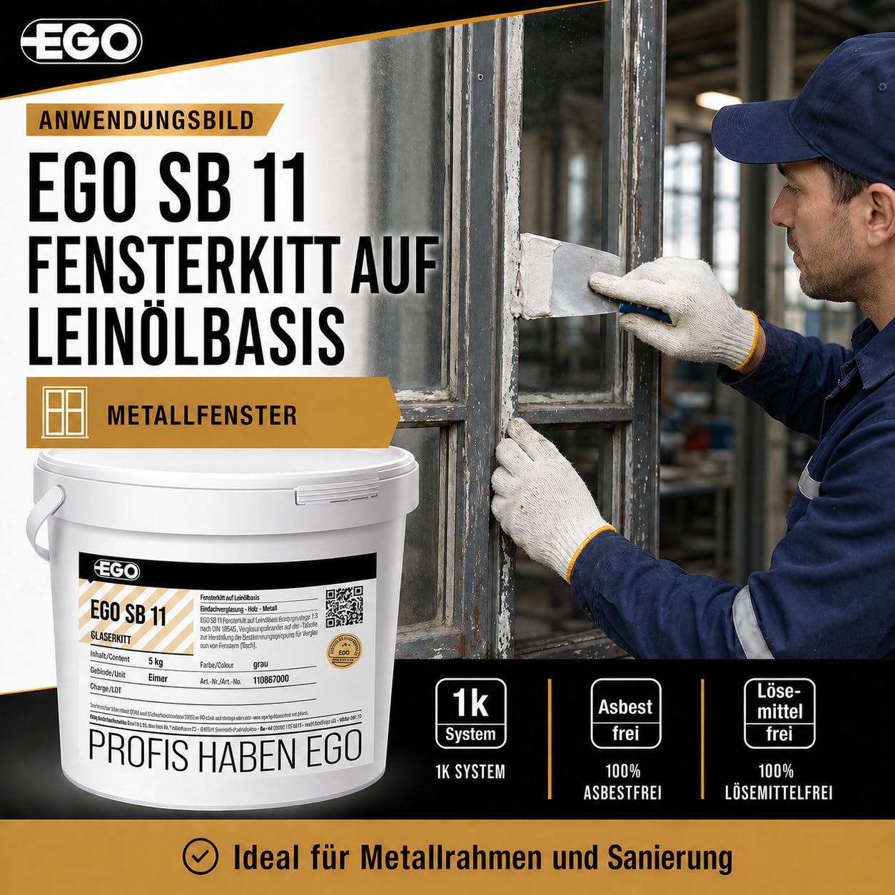 EGO SB 11 Fensterkitt GRAU - 25 kg Metallkübel - Dichtmasse auf Leinölbasis für Einfachverglasung in Holz- und Metallrahmen, lösemittelfrei & asbestfrei