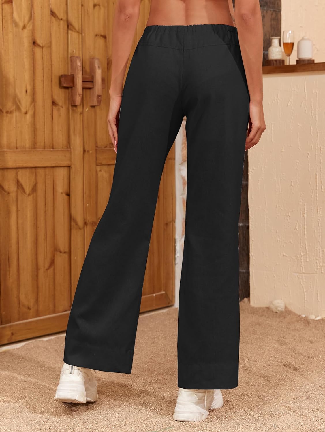 Famulily Womens Linen Pants Summer Wide Leg Casual Loose Drawstring Low Waist Palazzo Pants Lined Trousers with Patch Pockets - Image 4