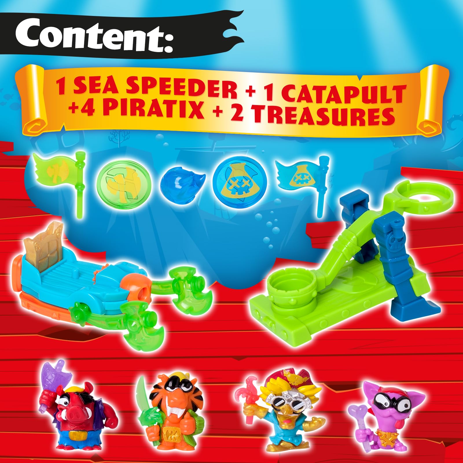 PIRATIX Shark Treasure Series-Captain Pack Newton.Includes 4 Piratix (1 golden captain),4 “crystal” accessories,Sea Speeder,Catapult - Image 2