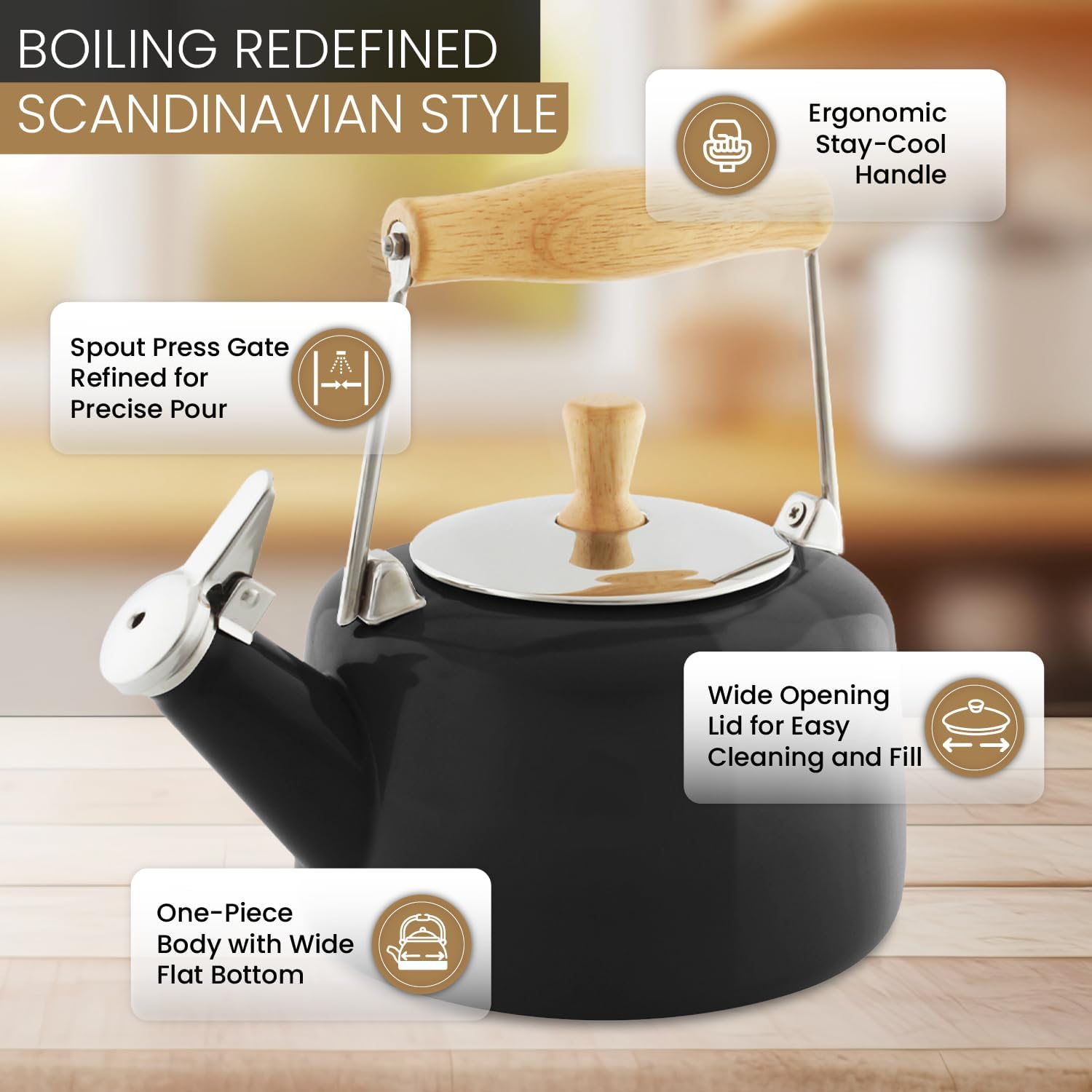 Chantal SVEN Enamel on Steel Whistling Teakettle with Natural Wood handle, 1.4 quarts (Black 2)