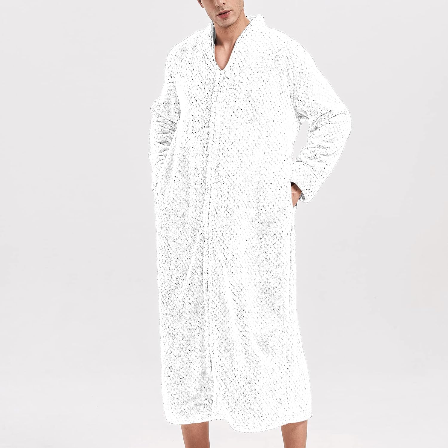Lu's Chic Men's Fuzzy Bath Robe Warm Fluffy Spa Robes Zip Up Long Sleeve Bathrobe Fleece Plush Zipper