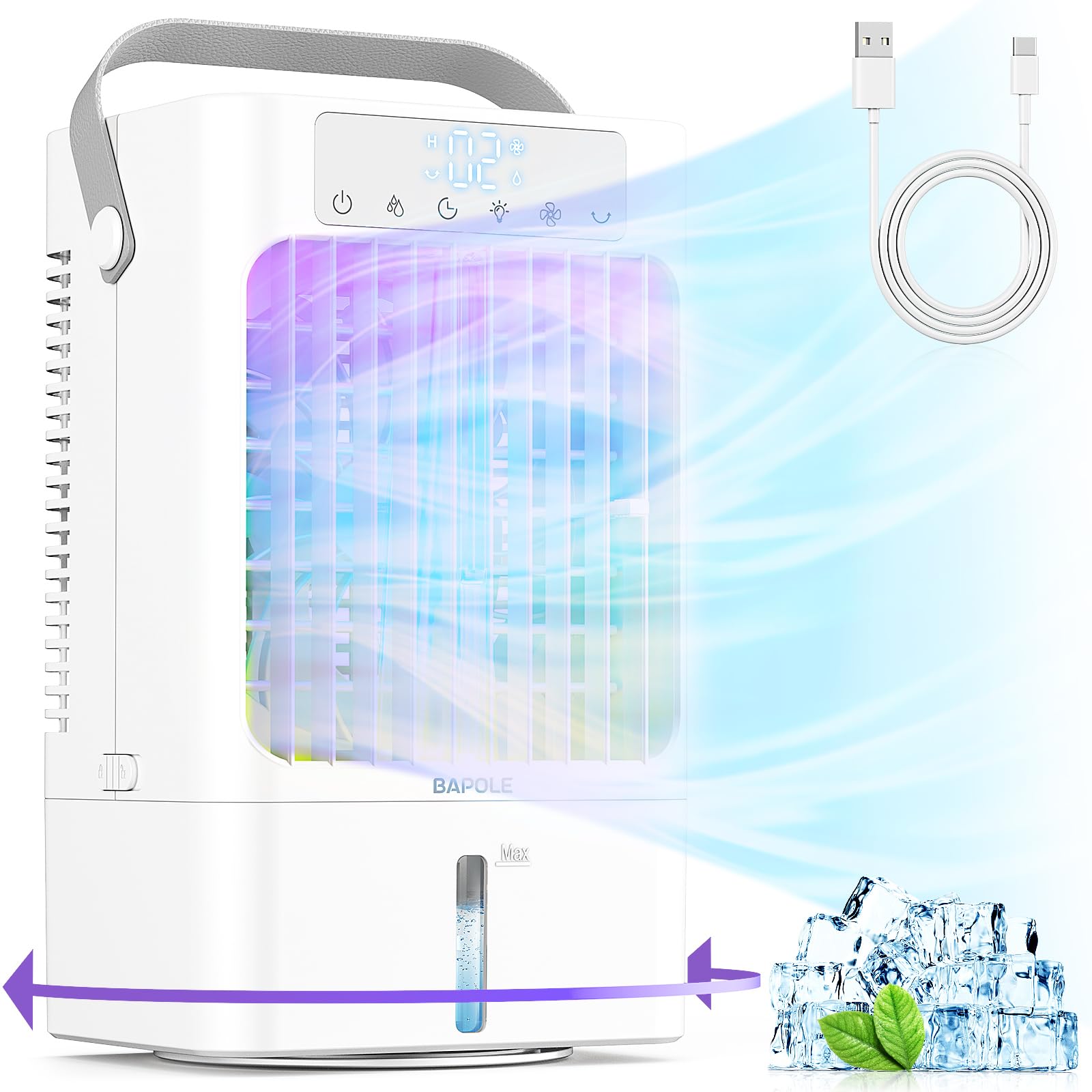Portable Air Conditioners 4 IN 1 Personal Air Cooler Quiet 3 Speeds Portable AC with 7 Colors Light