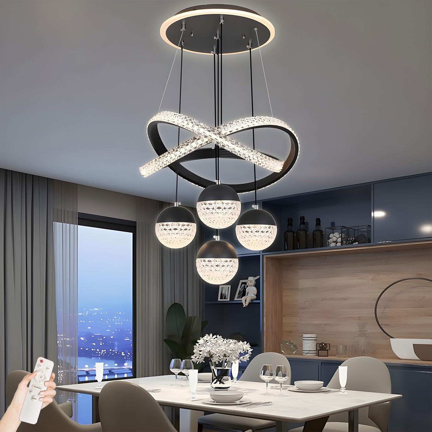 LYMSXAZOU Crystal Chandeliers,Dining Room Light Fixture,Modern Chandelier，Dimmable Led Pendant Light, for Living Bedroom Kitchen Island with Remote,Height Adjustable Ceiling Lamps(Color:Black)