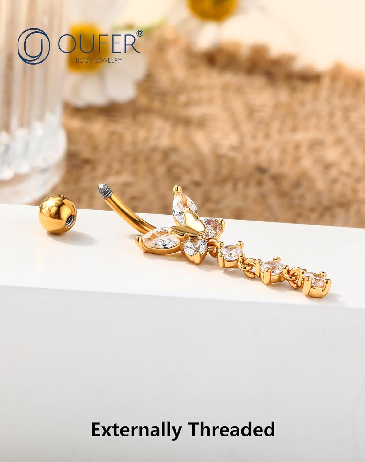 OUFER Gold Belly Button Ring, 14G Butterfly Dangle Belly Button Piercing, Pave Clear CZ Belly Rings, 316L Surgical Steel Navel Belly Piercing Jewelry For Women - Image 6