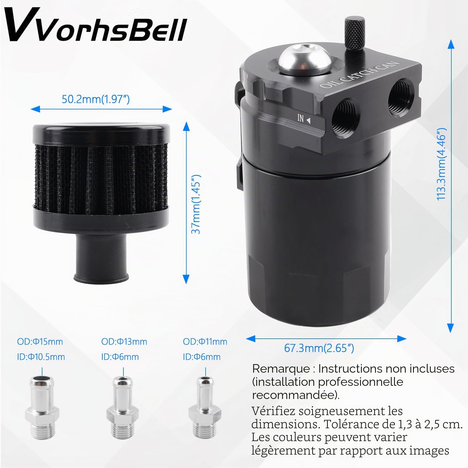 Récupérateur d'huile universel, 300 ml en aluminium, réservoir séparateur d'huile avec filtre pour systèmes PCV non montés (noir)