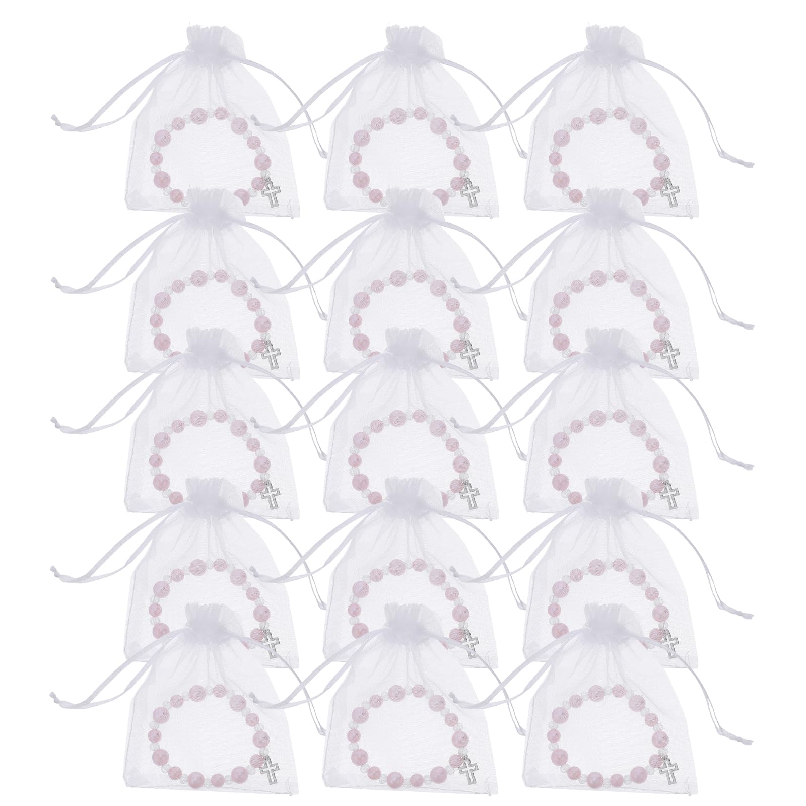 Set Bomboniere Battesimo Con 20 Braccialetti Rosario in Perle Finte E Sacchetti Organza 3.35X2.36In Regali Religiosi Per Prima Comunione Cresima Matrimonio E Eventi Cattolici