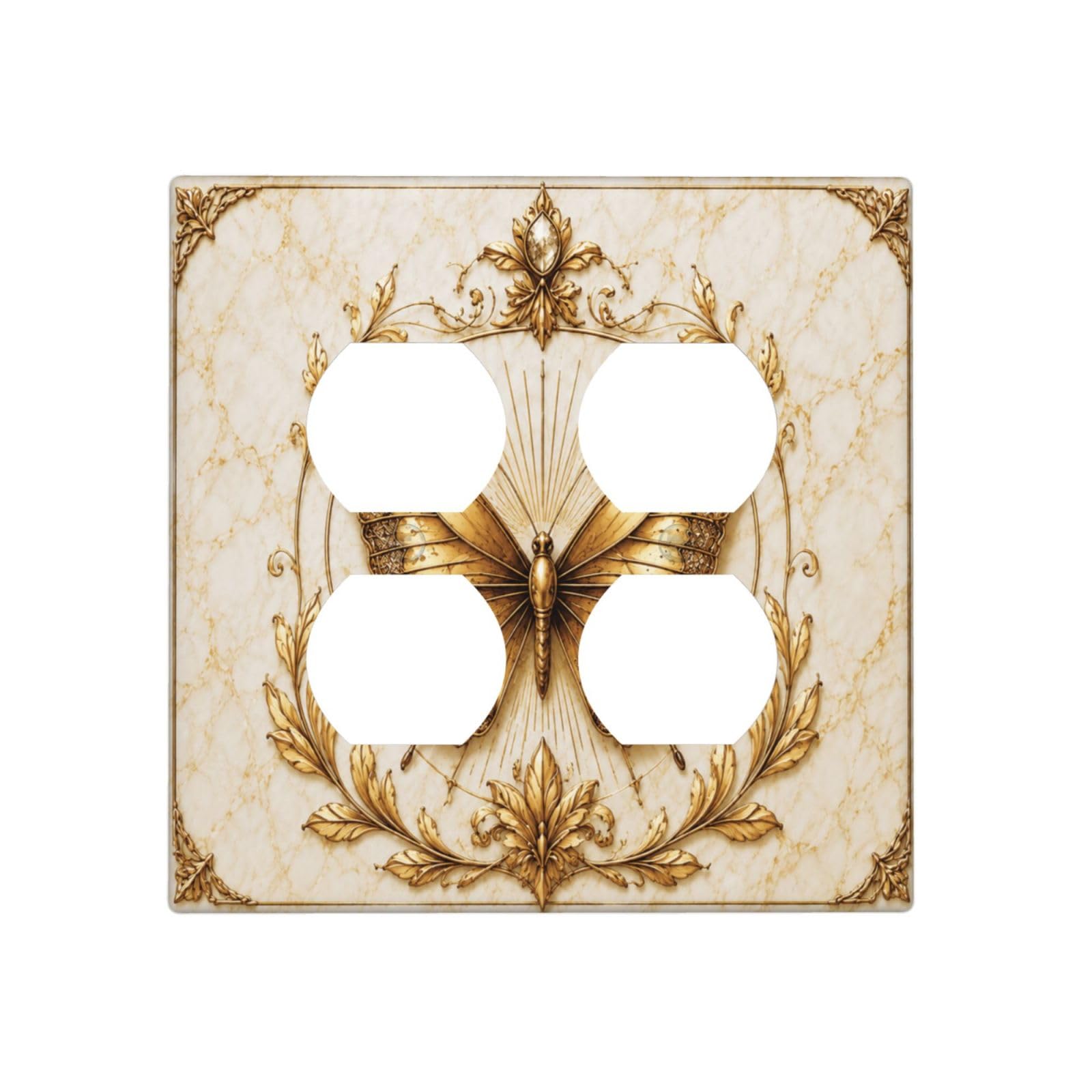 Xuejiaku Decorative Outlet Covers Gold Butterfly Vintage Ornate Marble 2-Gang Duplex Light Switch Covers Gfci Wall Plate Luxury Baroque Style Receptacle Switchplate for Bedroom Decor