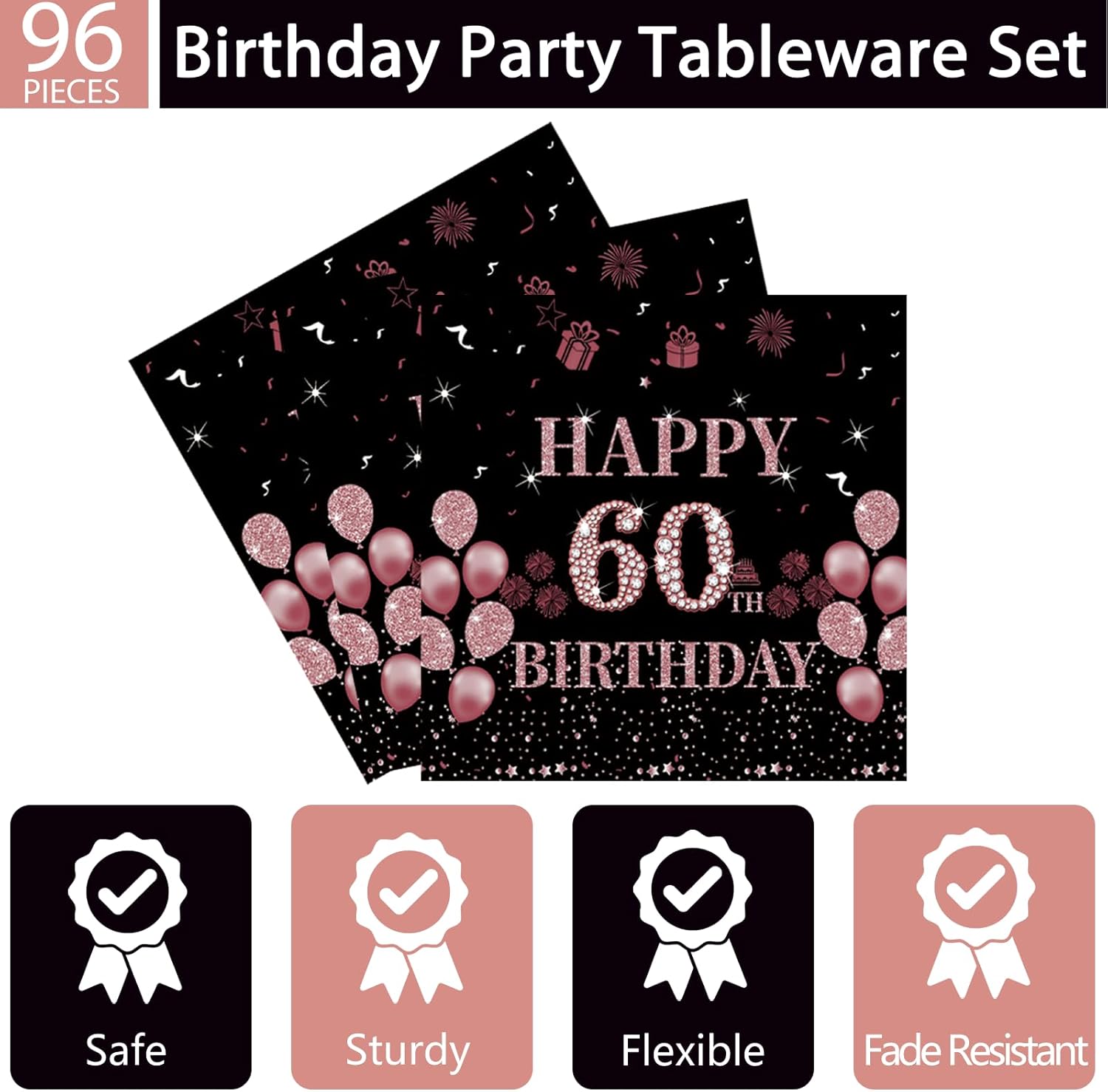 96Pcs 60th Rose Gold Birthday Party Supplies Include Birthday Plates and Napkins Forks 60 Years Old Birthday Decorations for Women 60th Birthday Disposable Party Favors Serves 24 Guests - Image 4