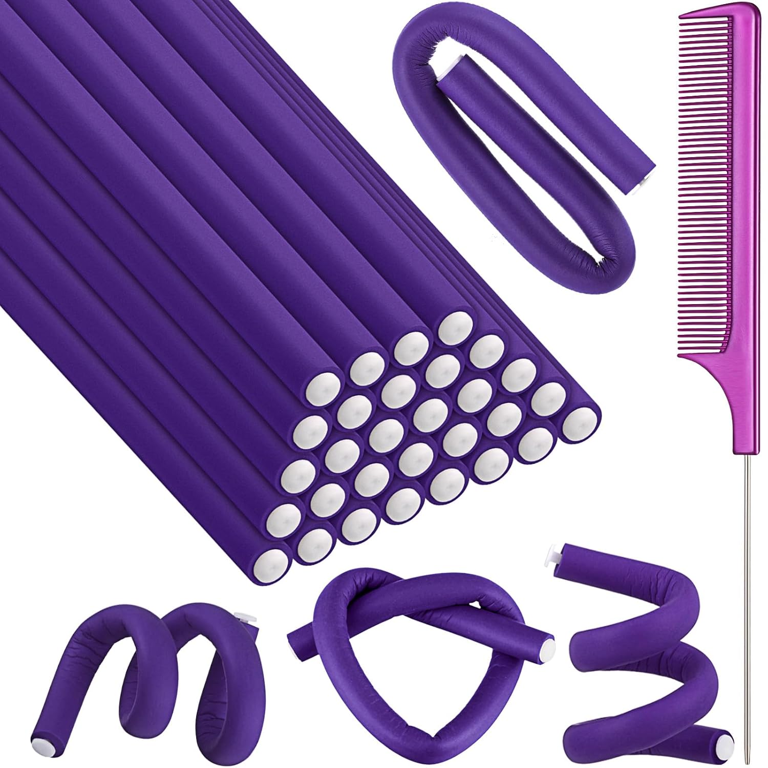 Syhood 30 Pcs Flexible Curling Rods 9.45 Twist Foam Rollers Soft Foam No Heat Hair Rods Rollers and 1 Steel Pintail Comb Rat Tail Comb for Women Long Short Hair(Purple,9.45 x 0.55 Inch)