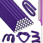 Syhood 30 Pcs Flexible Curling Rods 9.45 Twist Foam Rollers Soft Foam No Heat Hair Rods Rollers and 1 Steel Pintail Comb Rat Tail Comb for Women Long Short Hair(Purple,9.45 x 0.3 Inch)
