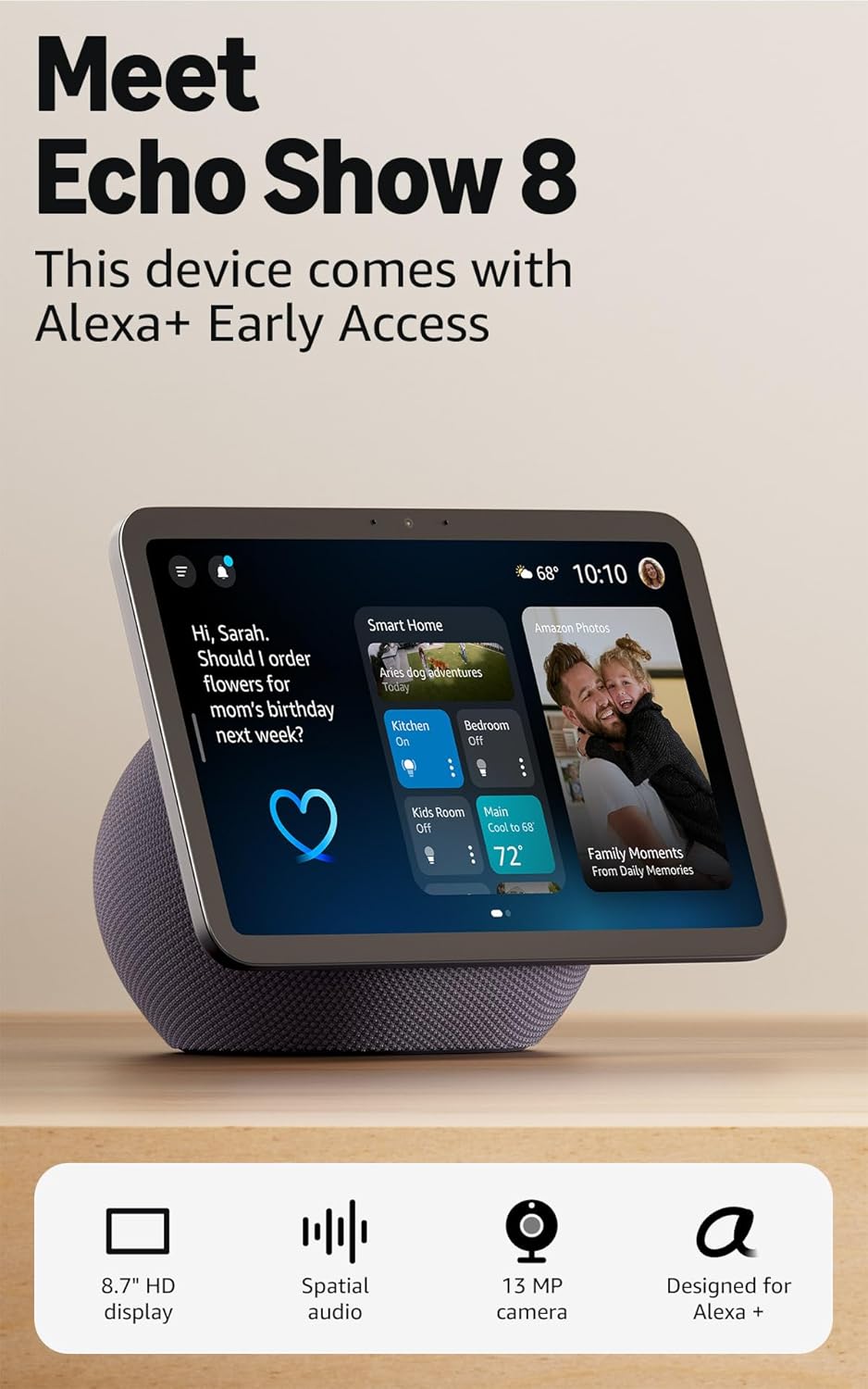 Amazon Echo Show 8 (newest model), Vibrant HD 8.7" display with spatial audio, designed for Alexa+, Graphite 8-inch Graphite Device only - Image 1 of 7