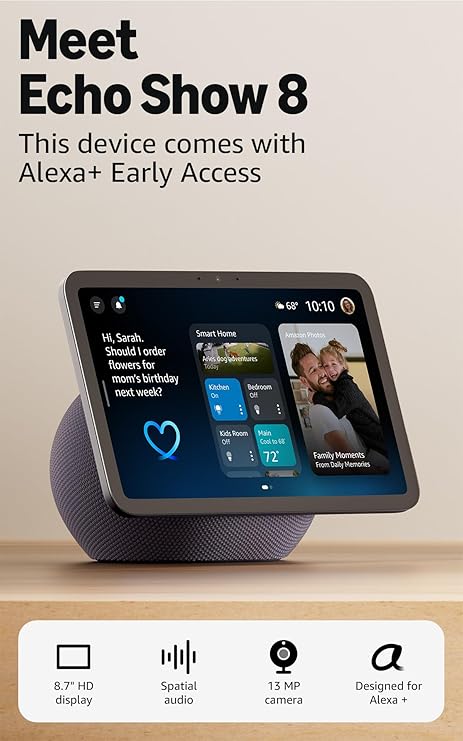 Amazon Echo Show 8 (newest model), Vibrant HD 8.7" display with spatial audio, with Alexa+ Early Access, Graphite