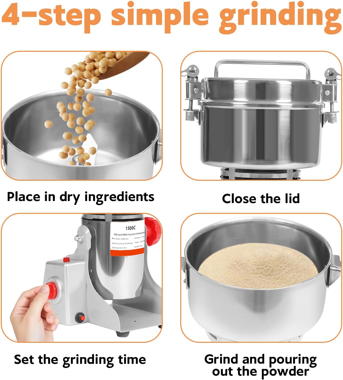 Electric Grain Grinder Mill, 1500g High-speed Herb Commercial Grinds Grinding Machine for Dry Corn Cereals Grain Herb Spice Coffee Molino Para Moler Maiz(1500g Stand Type)