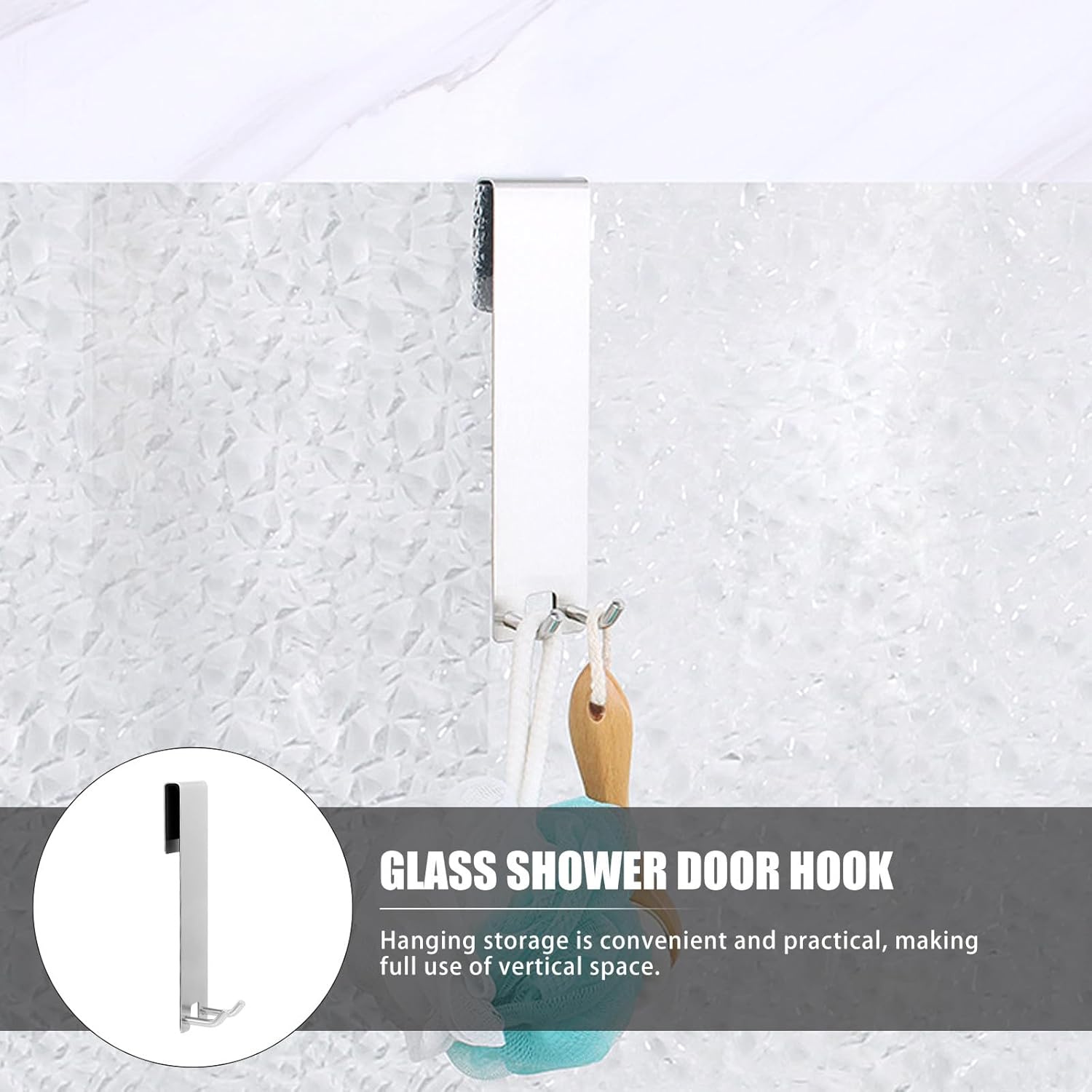 304 Stainless Steel Bathroom Storage Hook for Glass Shower Door, Punch-Free Adhesive Robe and Towel Hanger, Silver Non-Perforation Hook for Home Bathroom Organization