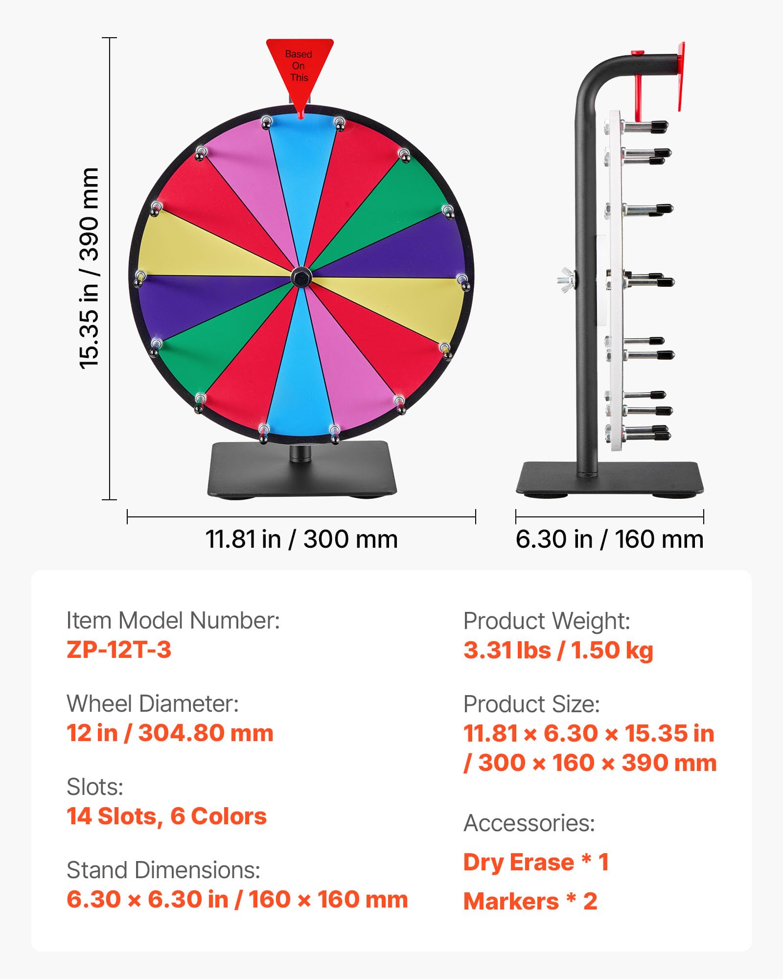 VEVOR Glücksrad Drehrad (305 mm) 14 Slots Glücksrad mit Ständer, Lotteriespiele Gewinn-Roulette mit Tafelschwamm & 2 Markern, 6 Farben, Spinning Prize Wheel ideal für Party Kneipe Messe