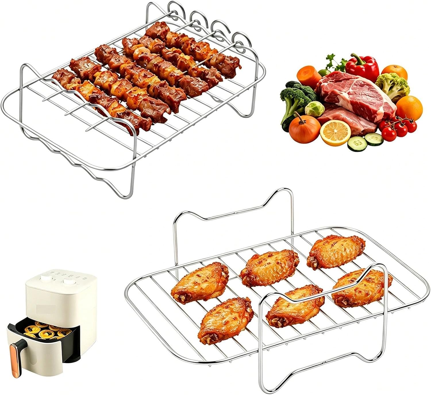 2 sztuki akcesoriów do frytkownicy na gorące powietrze, możliwość układania w stos, wkładki do grillowania, do frytkownicy na gorące powietrze, ruszt do grilla, do Ninja AF500EU/AF451EU/AF400EU