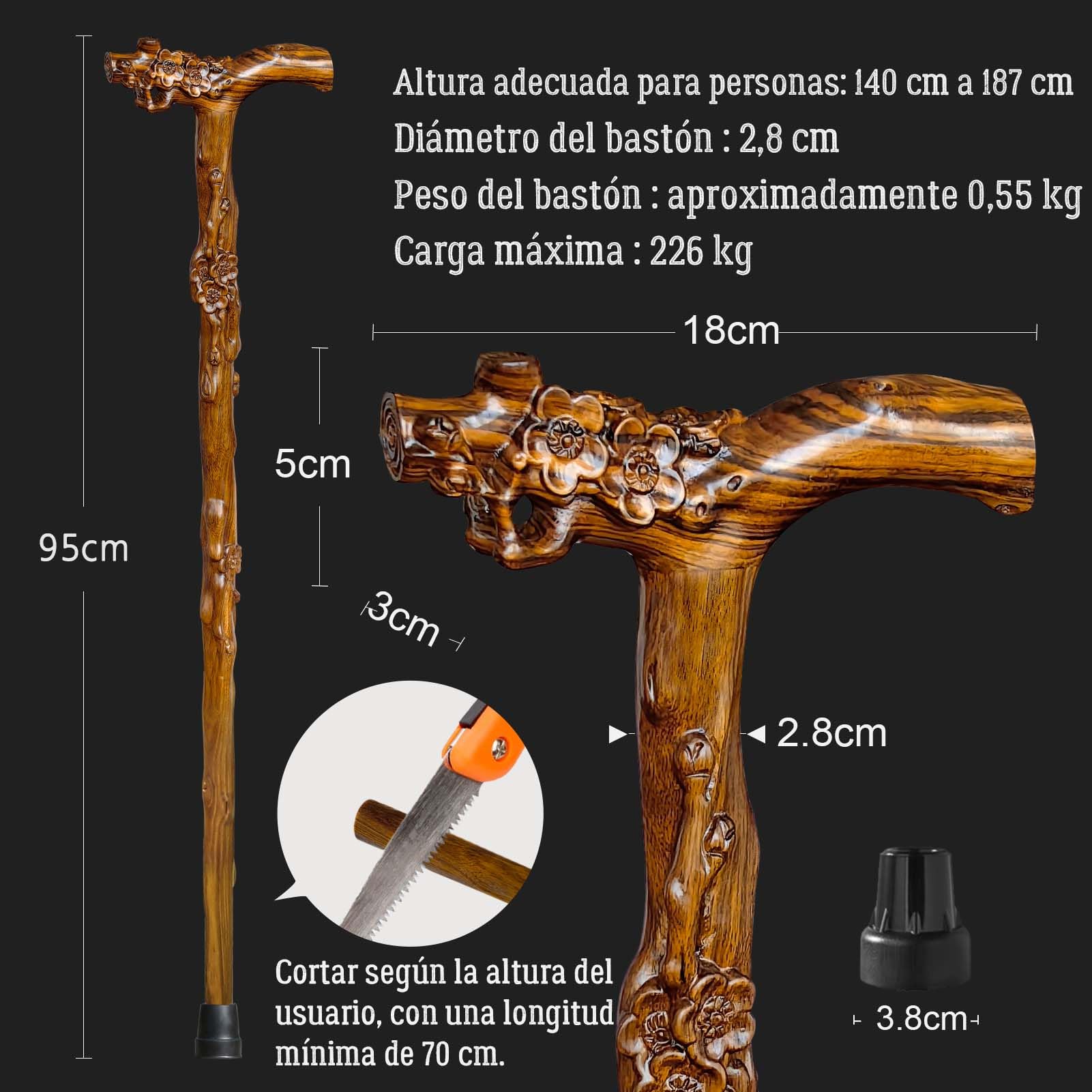 Bastón de Madera Tallado a Mano P[ara Hombre y Mujer, con Función de Masaje, Soporta hasta 226 kg, Bastones de para Personas Mayores, Adecuado para Regalar (Flores)