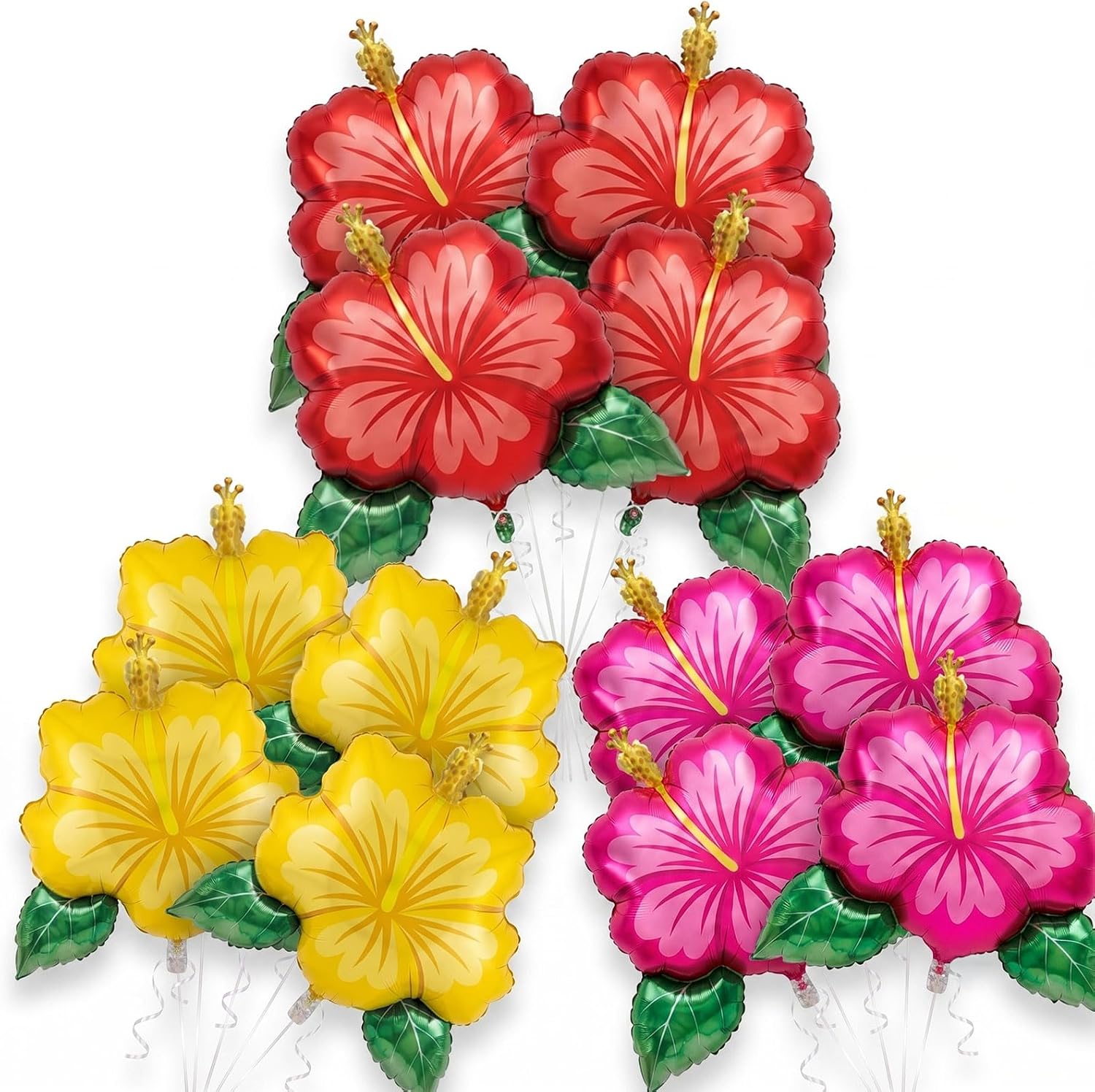12Pcs Tropical Hawaiian Hibiscus Foil Balloons | Hawaiian Aloha Party Decorations Large Foil Flowers for Summer Luau Beach Birthday Props