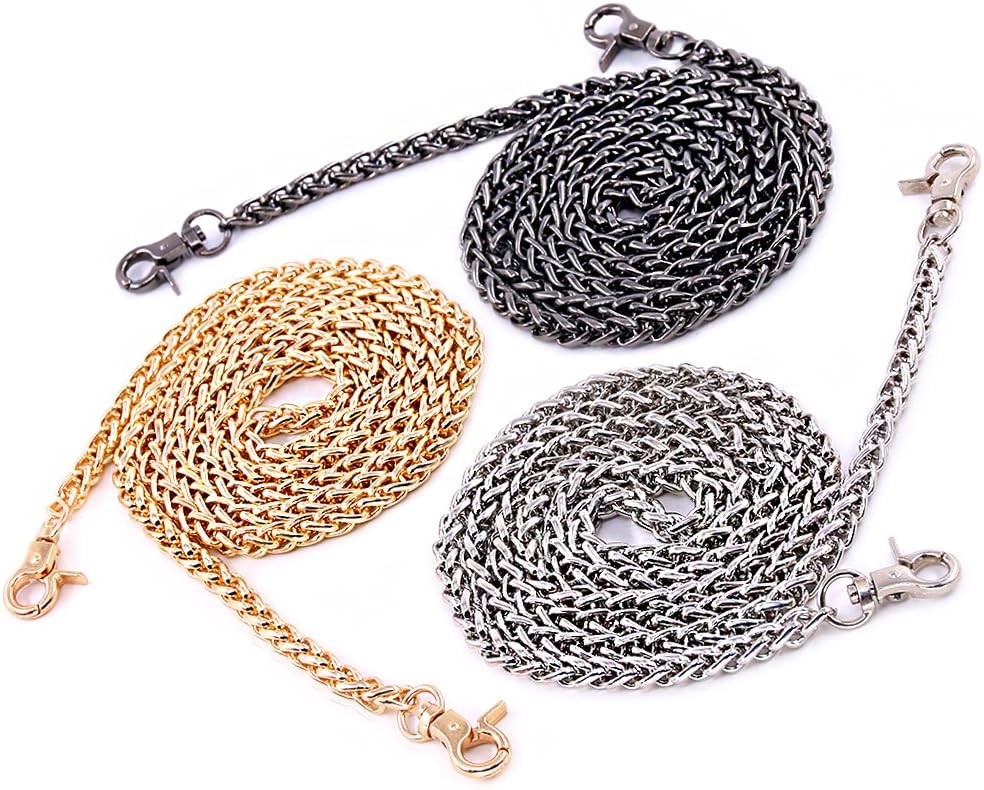 Swpeet 3Pcs Luxury Fashion 47 Inch Replacement Torsional Chain Strap with Buckles Set, Perfect for DIY Metal Shoulder Cross Body Bag Hand Bag Purse Replacement ( Gold + Silver+ Gun-Black))