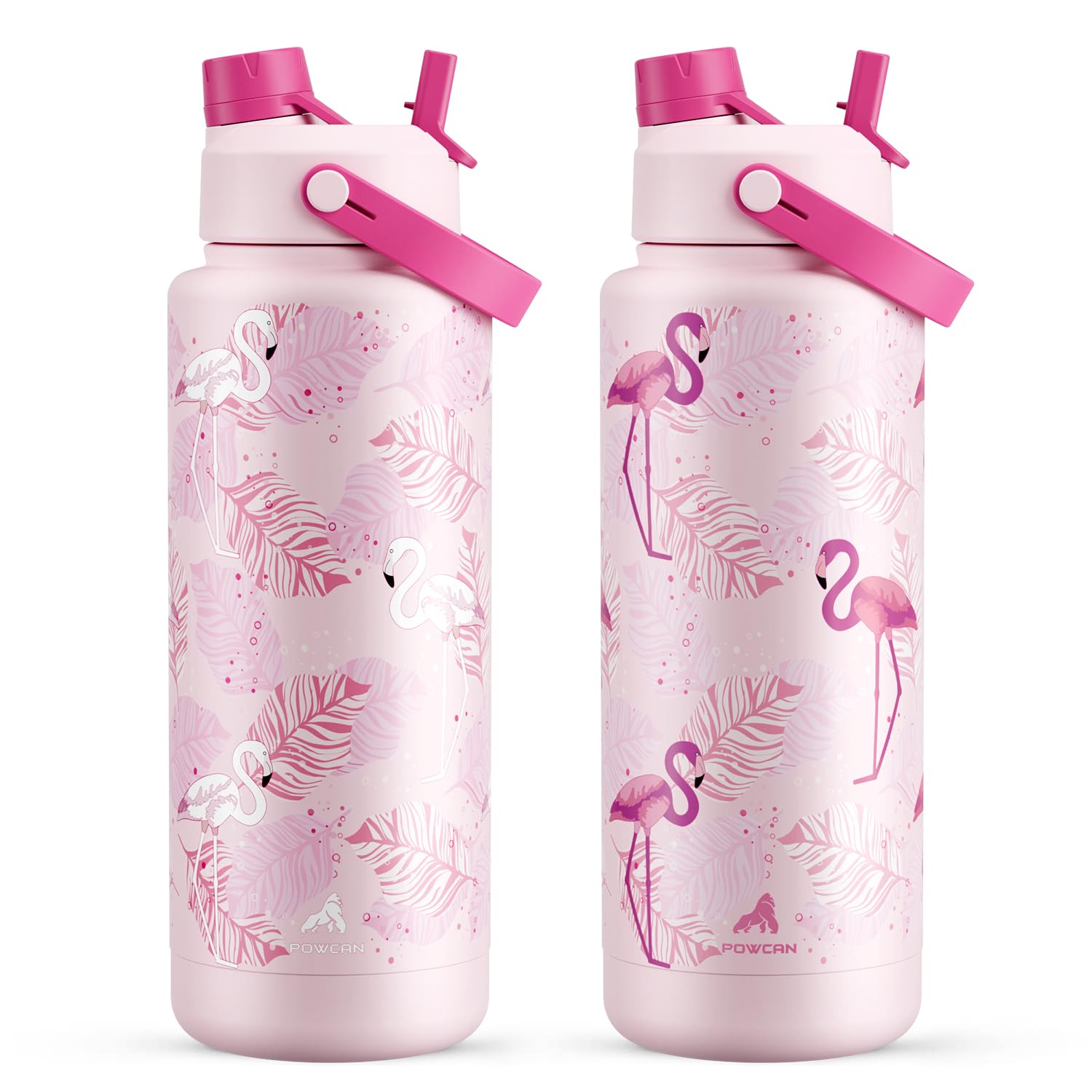 POWCAN 40 oz Insulated Water Bottle with 2-in-1 Straw and Spout Lid, Glow-in-the-Dark, 24H Cold, Leakproof, BPA-Free, Double Wall Stainless Steel for Sports, Gym, Travel, School (Sun-Kissed Flamingo)