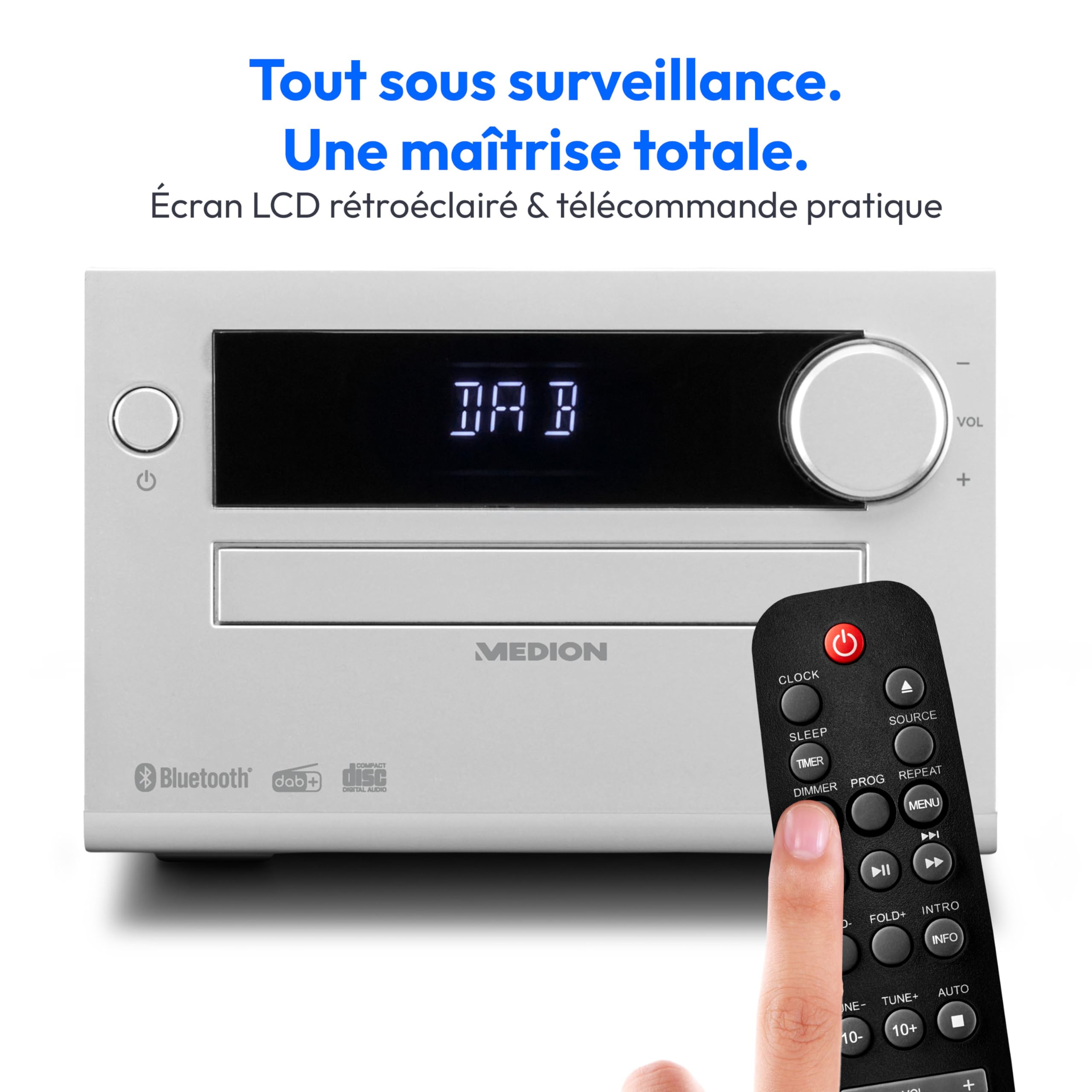 MEDION E64482 Microsystème audio compact (radio Internet, DAB+, lecteur CD, radio FM PLL, Bluetooth, lecteur MP3, AUX, prise casque, USB, minuteur de mise en veille, écran à intensité réglable) argent