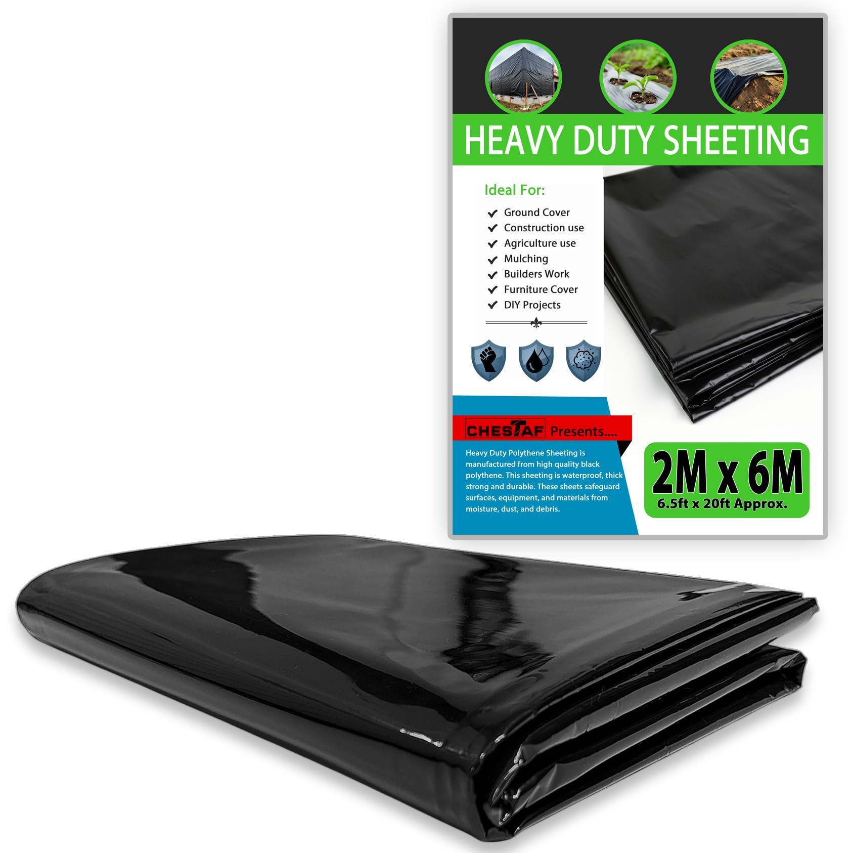 2M X 6M Black Plastic Sheeting Heavy Duty, 1100G Thick Polythene Sheeting Garden Grow, Dust Sheet Waterproof Outdoor Cover, Large Construction Gardening Insulation, Building Rubble Protection