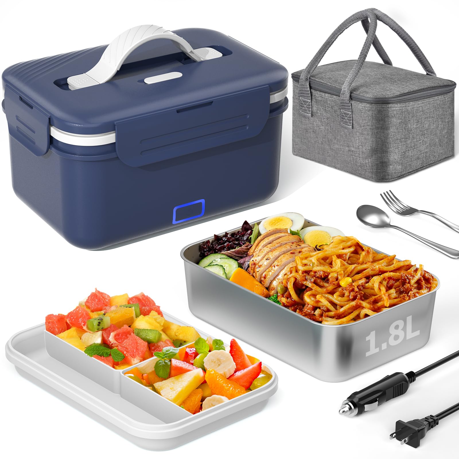 Akhia Fiambrera con calefacción eléctrica de 100 W, 1,8 L, 12 V/24 V/110 V, portátil, ideal para adultos, hombres, mujeres, coche, trabajo, con tenedor y