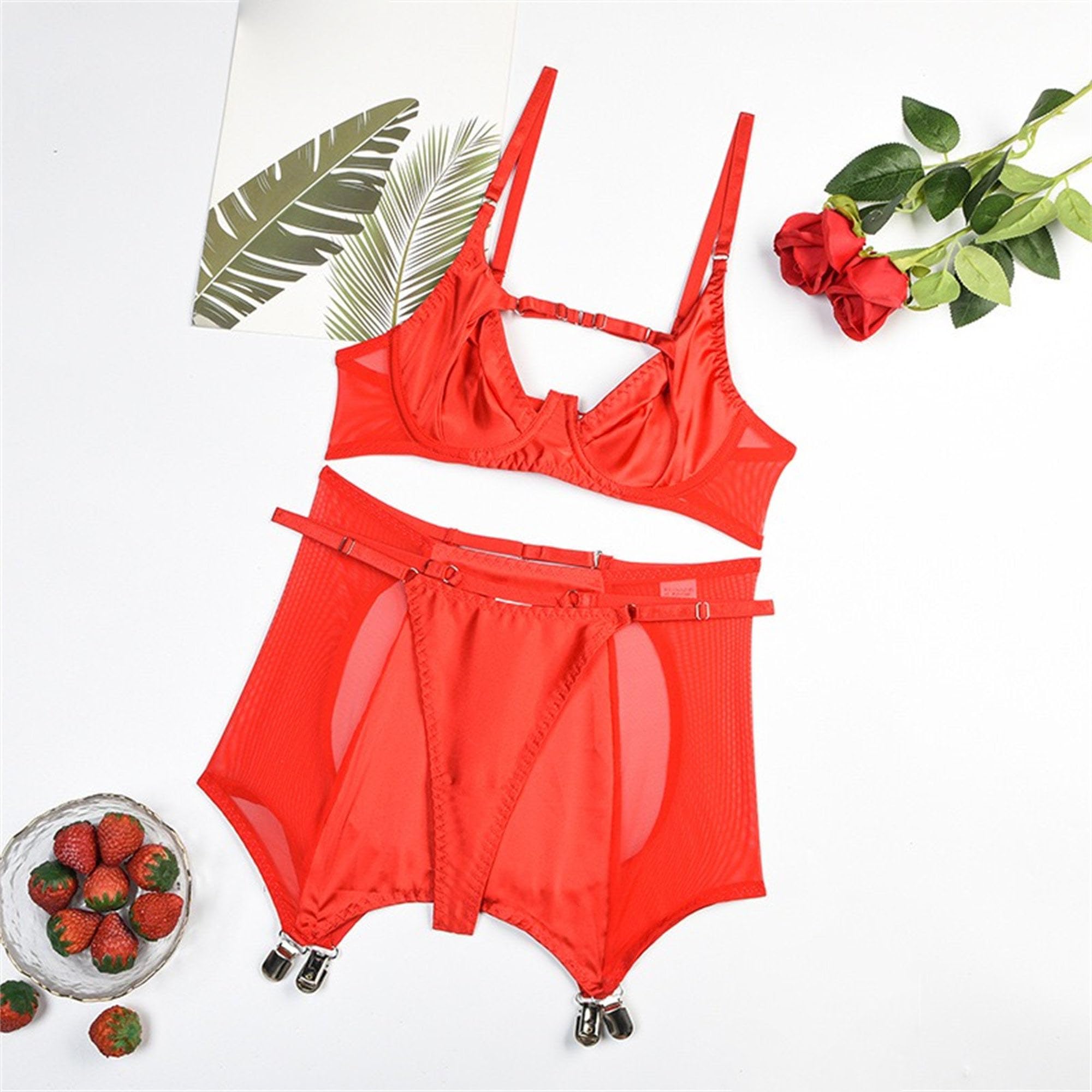 Bragas y sujetador sexy de corte para mujer, conjunto de lencería de cintura alta, conjunto de lencería transparente con liga y 4 pinzas de metal