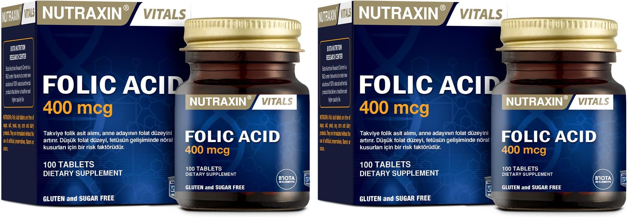 Nutraxin Vitals Folic Acid 400 mcg 100 Tablet Takviye Edici Gıda (2 paketi)