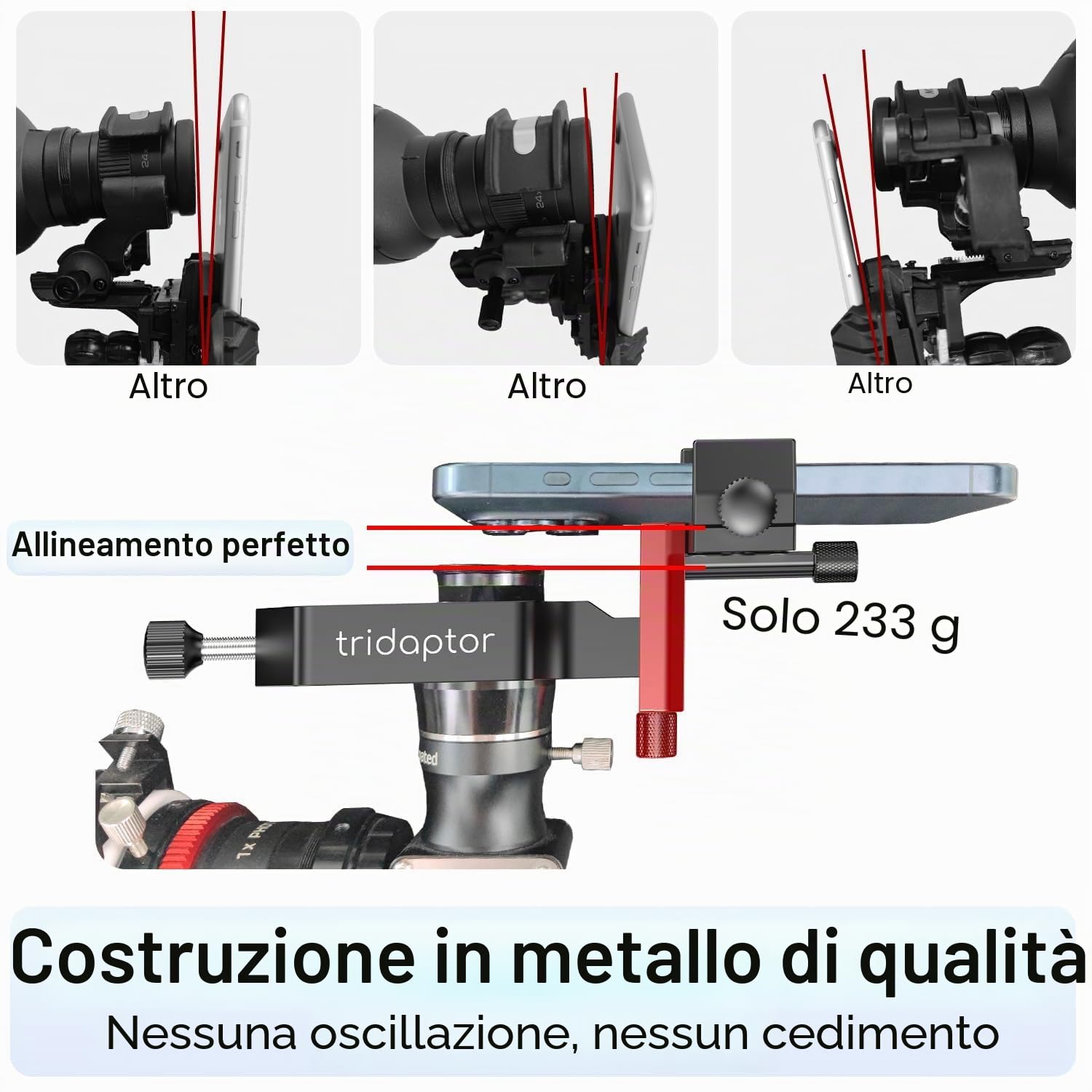 Adattatore per telefono telescopico ad alta precisione a 3 assi, adattatore digiscoping per smartphone, supporto in metallo per mirino, microscopio binoculare binoculare, adatto a tutte le fotocamere