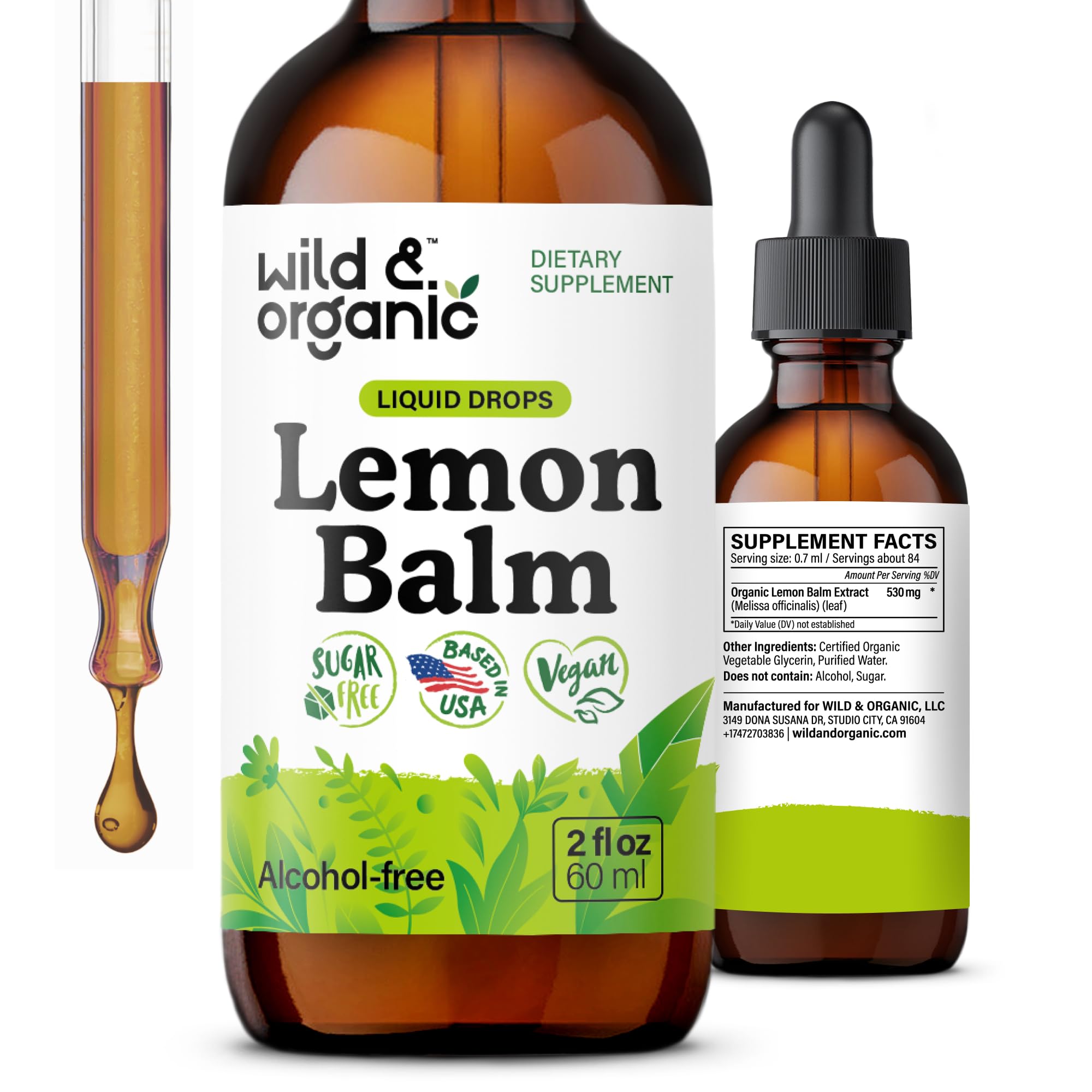 Wild & Organic Lemon Balm Drops - Relaxing Lemon Balm Leaf Extract Supplement - Calming Melissa Officinalis Tincture - Vegan, Sugar & Alcohol-Free - 2 fl oz