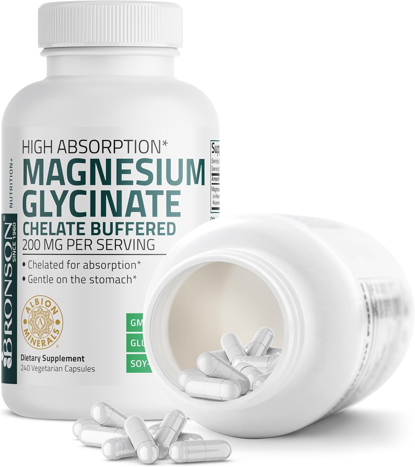 Bronson Magnesium Glycinate 200 MG per Serving Chelated for High Absorption, Gentle On Stomach, Non-GMO, 240 Vegetarian Capsules
