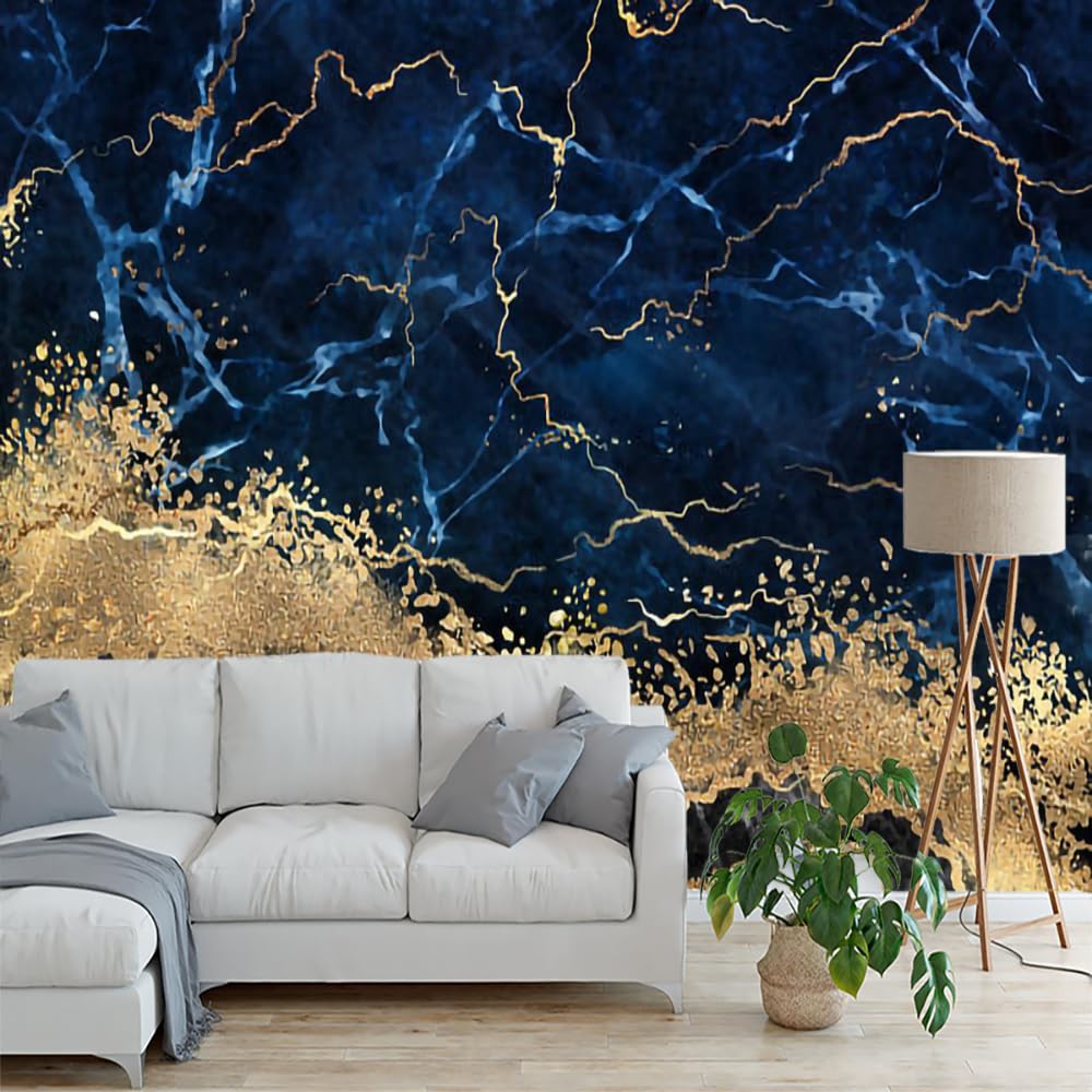 Papier Peint de 3D Marbre Bleu Et Or, Marbre D’encre Imprimé En 3D Papier-Peint Murs - pour Restaurant-Bar à Thème Décoration Murale 350 x 265 cm