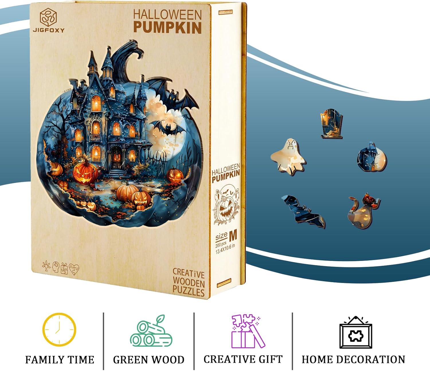 Jigfoxy Wooden Puzzles for Adults, Halloween Pumpkin Wood Puzzle for Adults, Unique Animal-Shaped Wooden Jigsaw Puzzle, Christmas Thanksgiving Gifts for Family and Friends (M-11.4 * 10.6in-200pcs)