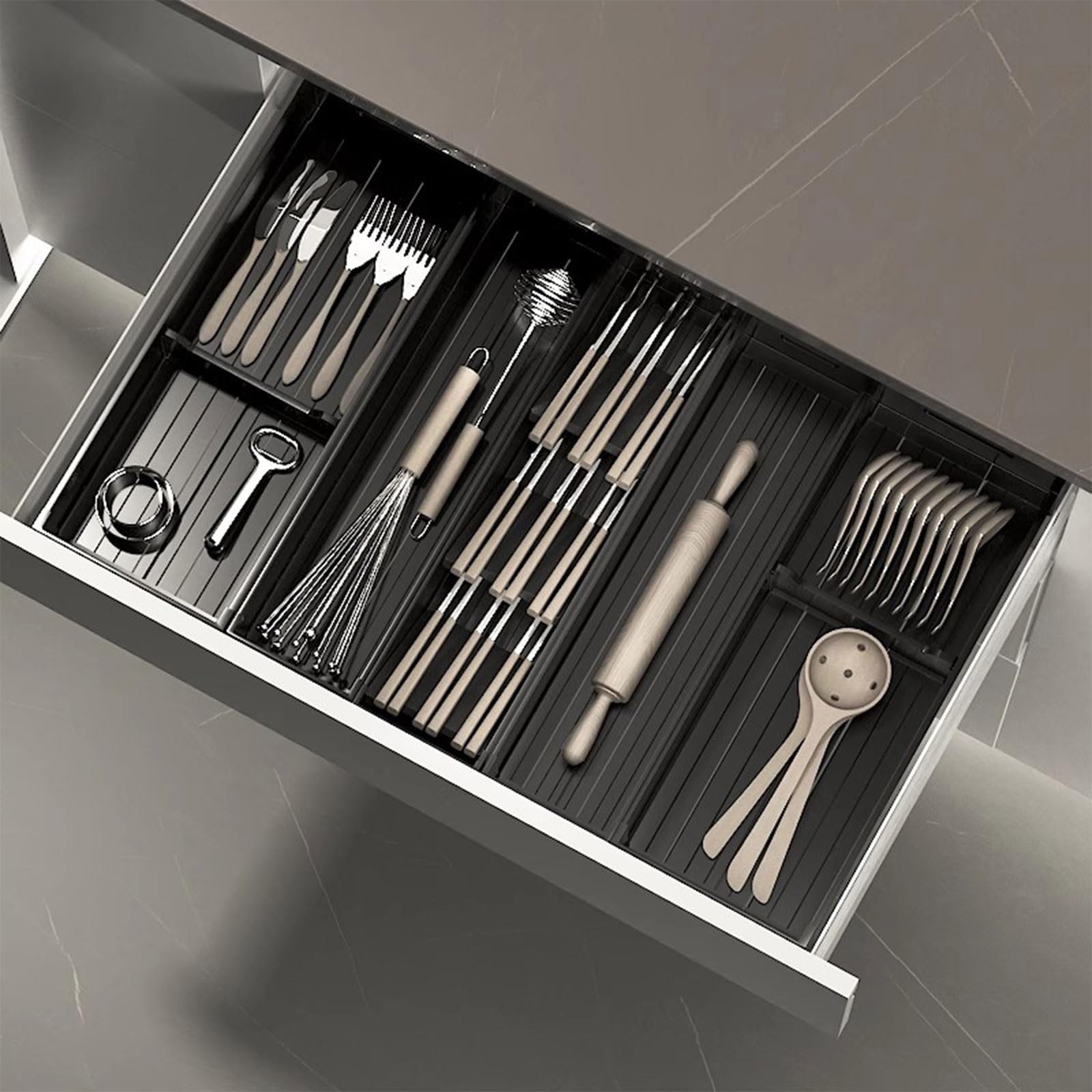 Verstellbarer Besteckkasten für Schubladen – Integrierter Besteckorganizer aus Aluminium, schwarzer, wasserdichter Utensilieneinsatz für die Küche – Fächer zur Aufbewahrung von Löffeln, Gabe