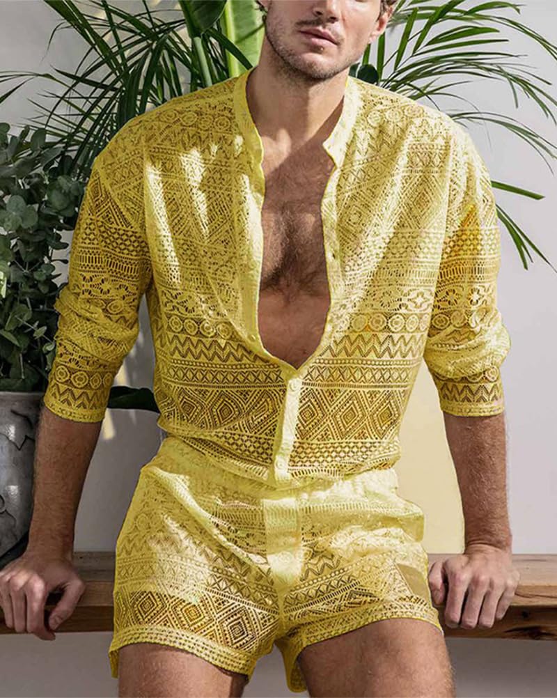 Camisa + Pantalones Cortos para Hombres Conjuntos de Top y Pantalones Cortos Juego de Dos Piezas Manga Larga Casual Conjunto Sexy Perspectiva Ropa de Playa Traje de Verano Cómodo