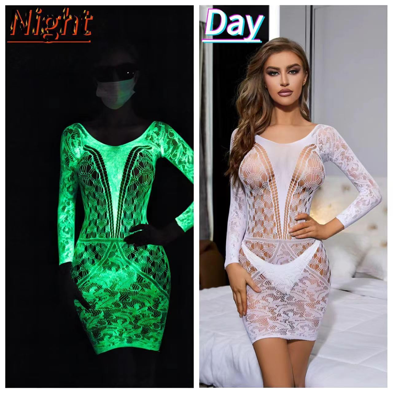 DTWAWA Glow in the Dark Sexy White Fishnet Stockings, Stylish Bodysuit Leggings for Womens Party: A Bodysuit White