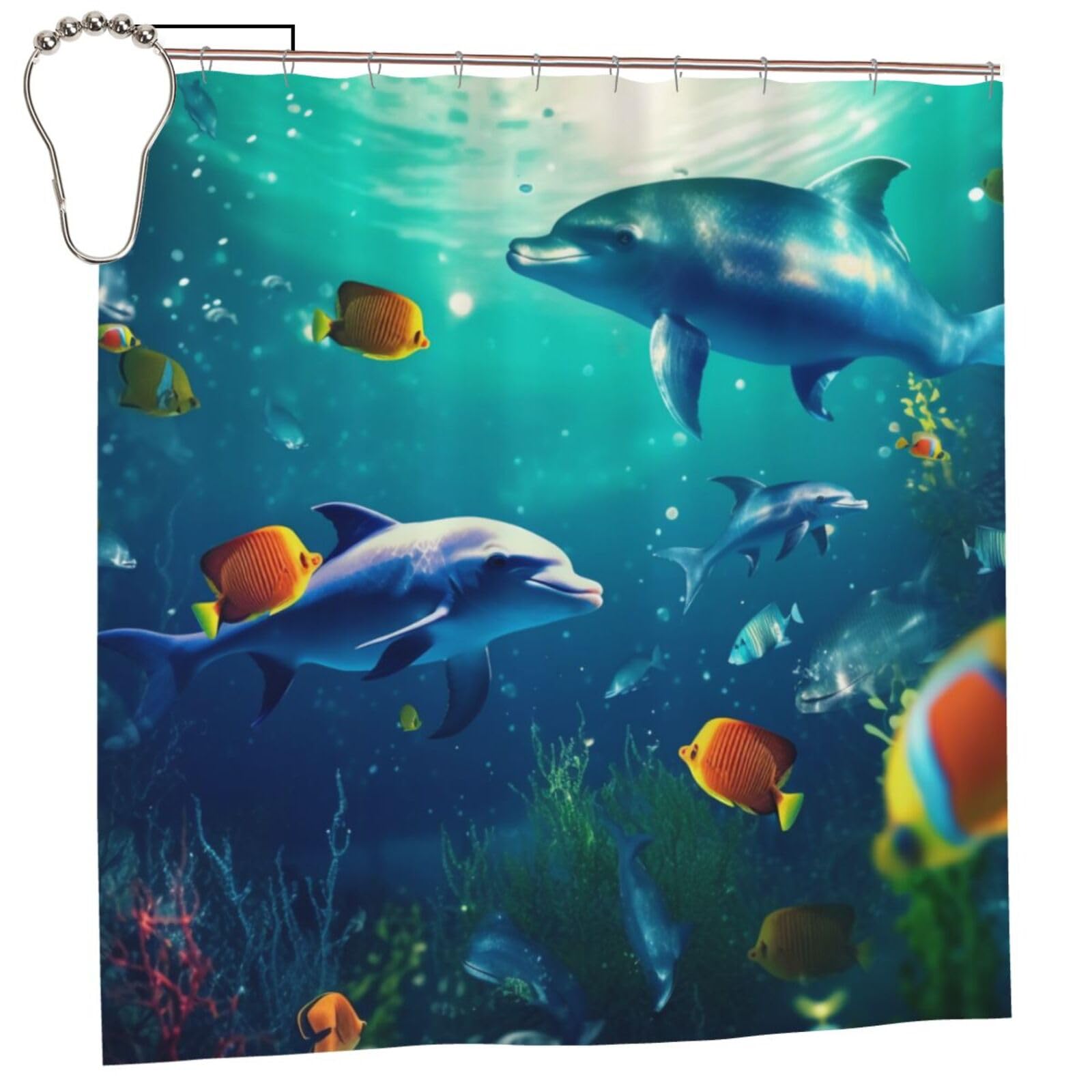 BWWHCCTI Underwater Fish Printed Shower Curtain With 12 Iron Hooks Opaque Quick Drying Waterproof Shower Curtains Sets For Bathroom 183x183 CM