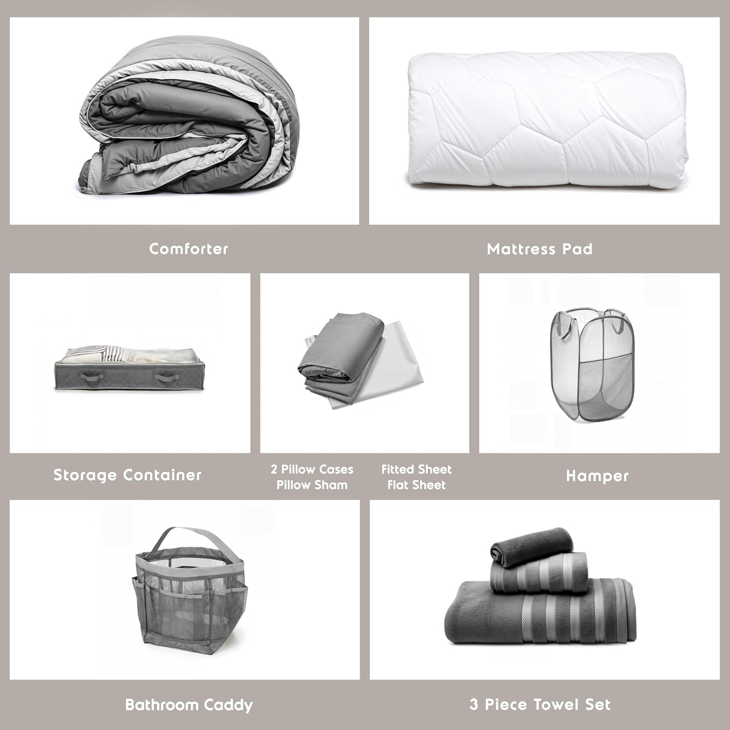 Hearth & Harbor Complete Dorm Room Set, Twin XL Comforter Set, Sheet Set, Mattress Protector, Towels and Organizers - All Dorm Accessories Included