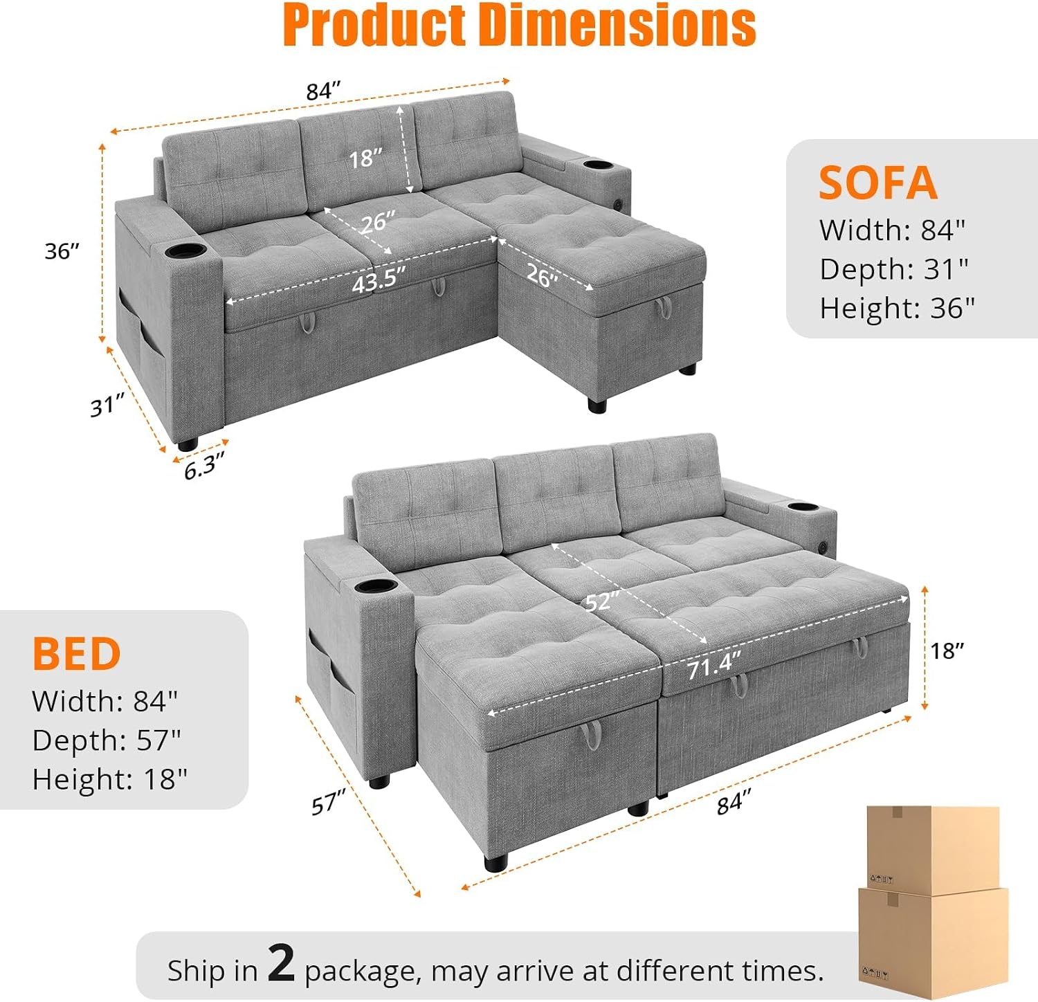 GarveeHome Sleeper Sofa, 84 in Sectional Couch with Pull Out Bed, L-Shaped Sofa Bed with Storage Arms for Living Room, 1 USB-A, 1 Type-C, Light Grey
