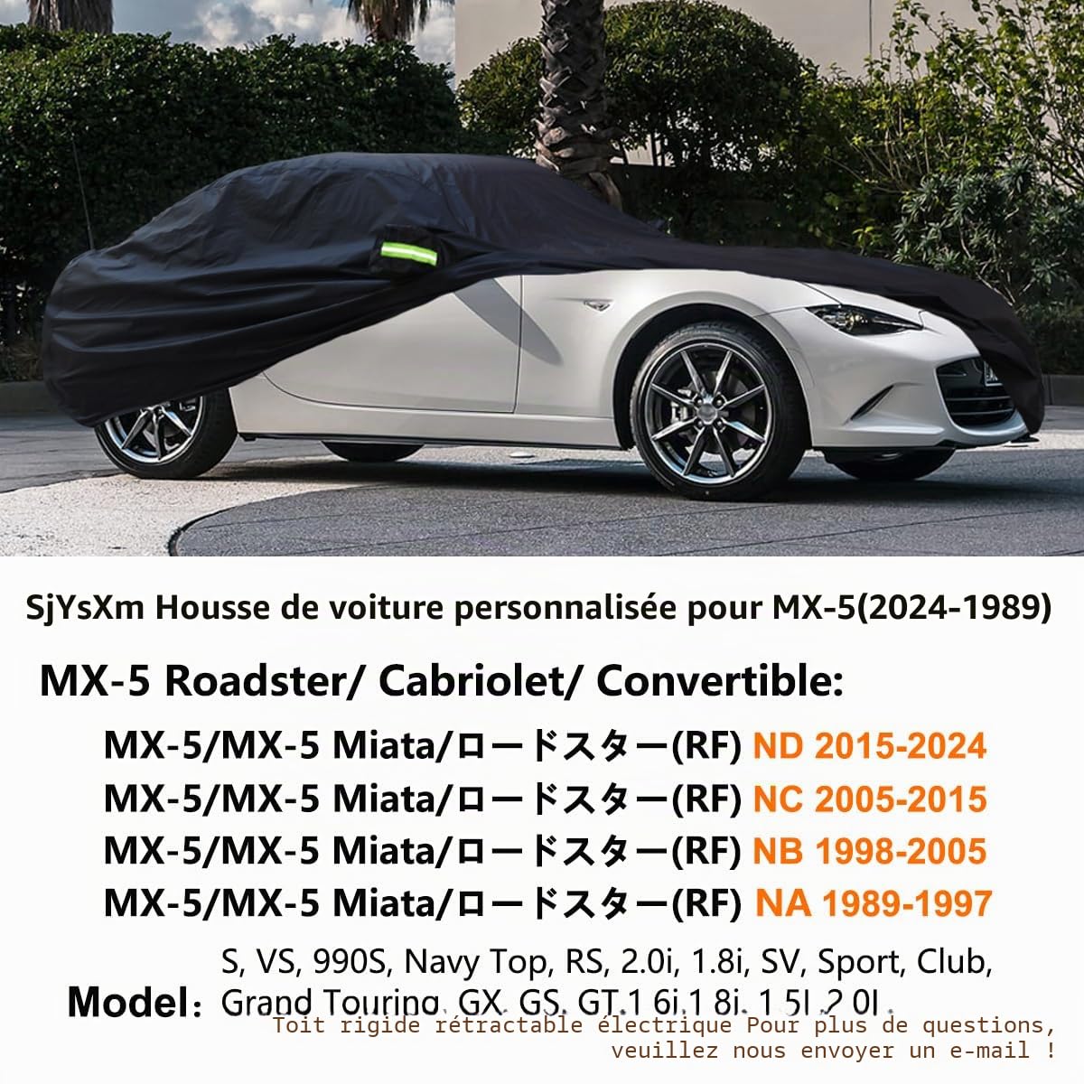 Bâche Voiture Compatible avec Mazda MX-5 MX5 ND NC NB NA 1989-2026 Roadster Cabrio, Imperméable Housse de Voiture avec Coton, Exterieur Auto Couverture Housse Protection Anti Pluie Soleil Neige