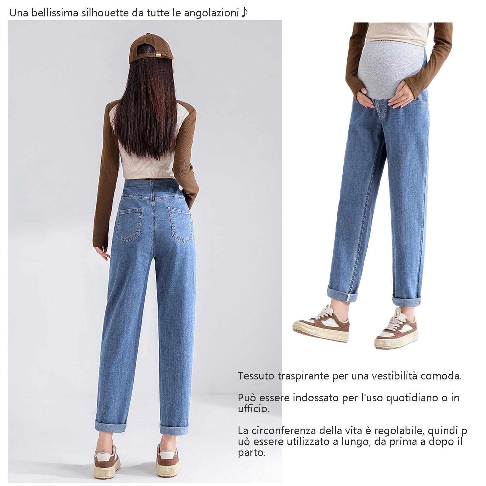 Jeans embarazada 7/8 Dad Fit Loose – Cintura ajustable, corte cómodo y deslumbrante, embarazo, perfectos para mujeres menores de 168 cm (modelo pata de elefante, oculta las imperfecciones)