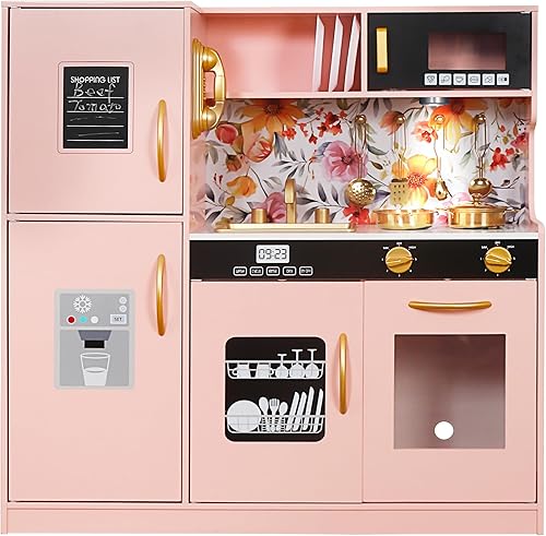 Miniatura 9 de Juego de juguetes de cocina de madera con luz, juego de cocina de juguete de simulación para niños, horno de juguete para fregadero con microondas,