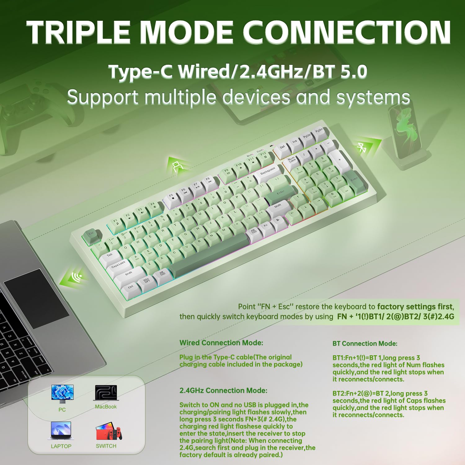 LEOBOG Aula - Tastiera da gioco wireless, color crema, tastiera Bluetooth per computer, sensazione meccanica, full size, con tastierino numerico retroilluminato RGB Tri-Mode BT/2,4 GHz/USB-C, verde