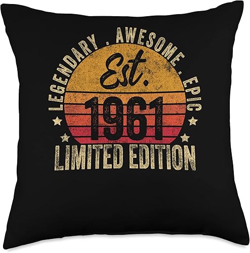 Retro Est 1961 Limited Edition Gifts Born in 1961 62nd Birthday Vintage 62 Year Old Est 1961 Limited Edition Throw Pillow, 18x18, Multicolor Retro Est 1961 Limited Edition Gifts Born in 1961 62nd Birthday Vintage 62 Year Old Est 1961 Limited Edition Throw Pillow, 18x18, Multicolor
