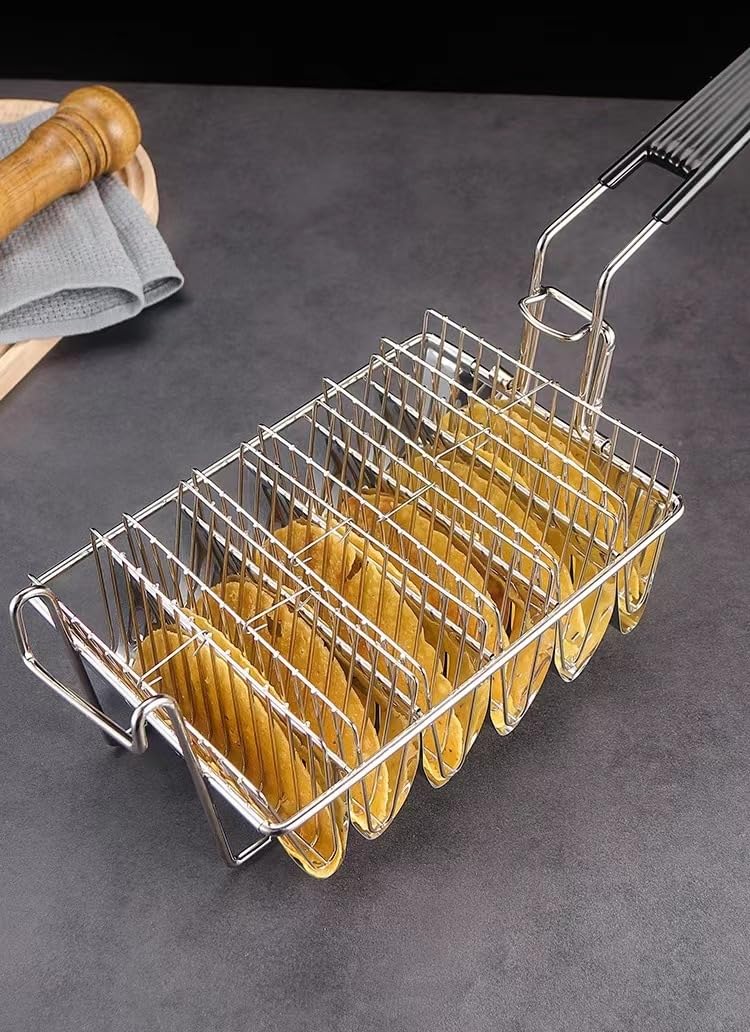 Cesta para freidora de 8 conchas con mango desmontable, acero inoxidable de grado comercial, cesta para freír tacos cada vez, 8 conchas de tacos crujientes