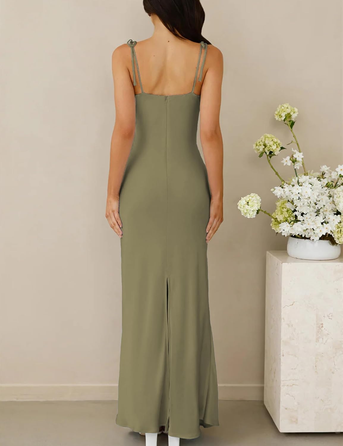 2026 Satin Cowl Neck Spaghetti Strap Slip Maxi Dress for Women Tie Strap Formal Wedding Guest Dresses with Slit - Image 3