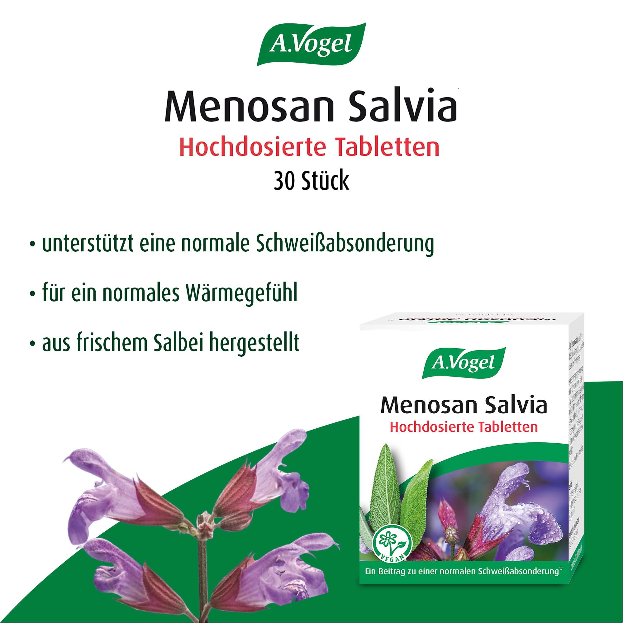 A.Vogel Menosan Salvia 30 Tabletten, pflanzliches Nahrungsergänzungsmittel, Salbei unterstützt in den Wechseljahren, Vegan, mit Spissumextrakt aus frischen Salbeiblättern