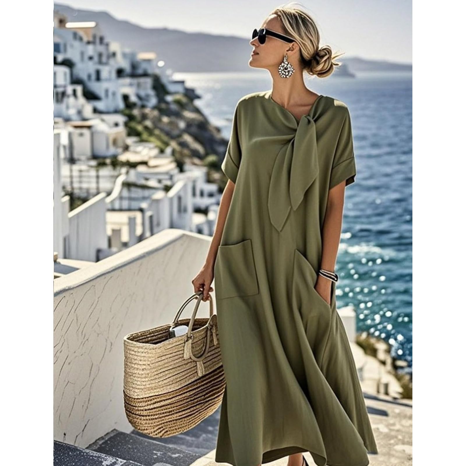 Vestido largo con cuello de lazo para mujer, manga corta, color sólido, holgado, acampanado, con bolsillos, vestido de verano casual de playa para vacaciones